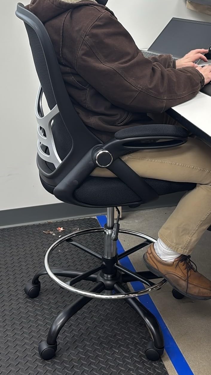Drafting Chair Tall Office Chair High-Back Mesh Standing Desk Stool with Adjustable Footrest Ring and Flip-Up Arms Black customer photo 1
