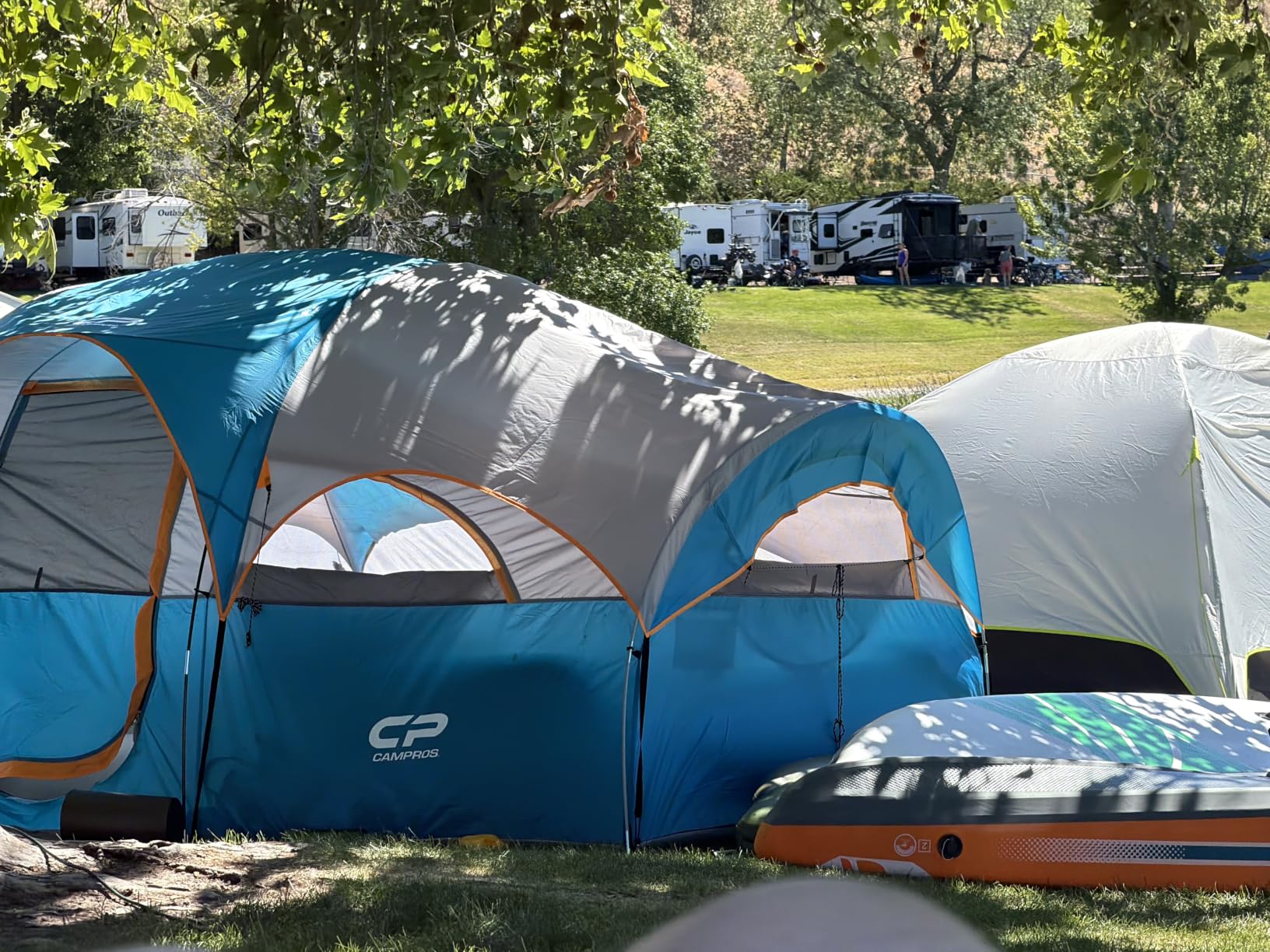 CAMPROS CP 8 Person Camping Tent, Room Divider, Rainfly, Weather Resistant, Family tent with 5 large mesh windows, double-layer design, and a carry bag, 14' x 9' x 72