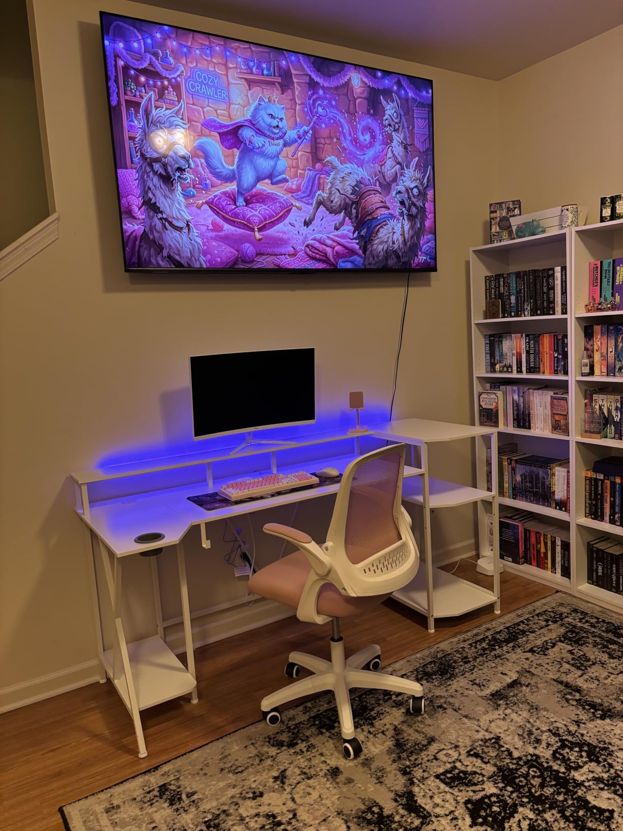 SEDETA Gaming Desk 70.8'' with LED Lights and Storage Shelves, Computer Desk with Monitor Stand, Power Outlets and Cup Holder, Large PC Gamer Desk, Gaming Table for Bedroom, Living Room, Black customer photo 2