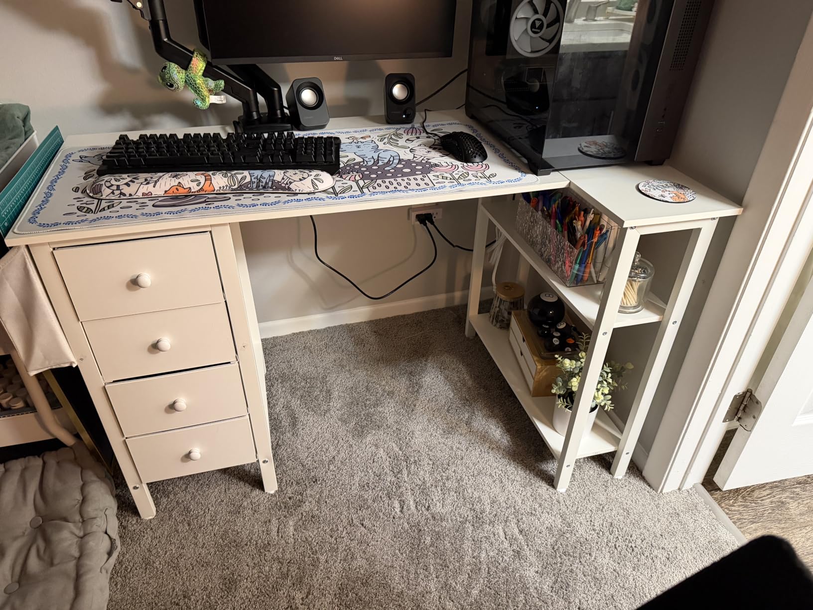 Lufeiya White L Shaped Computer Desk with Drawers & Storage Shelves, 47 Inch Corner Reversible Desk with Power Outlet for Home Office Bedroom, L-Shaped Teen PC Desks with Fabric Drawer, White customer photo 2