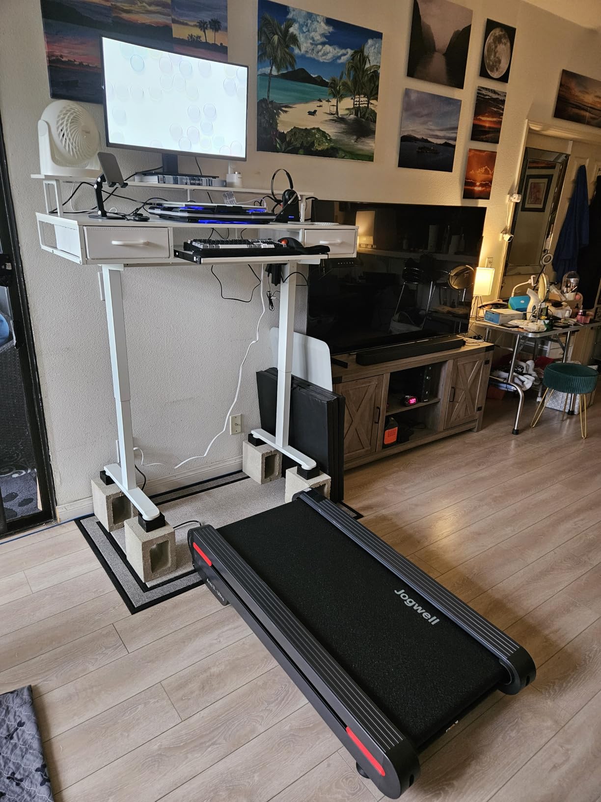 AODK 55 Inch Standing Desk with Drawers & Keyboard Tray, Rustic Brown | Power Outlet, LED Lights, Monitor Stand, Cable Management Tray, 3 Memory Heights, 29.9