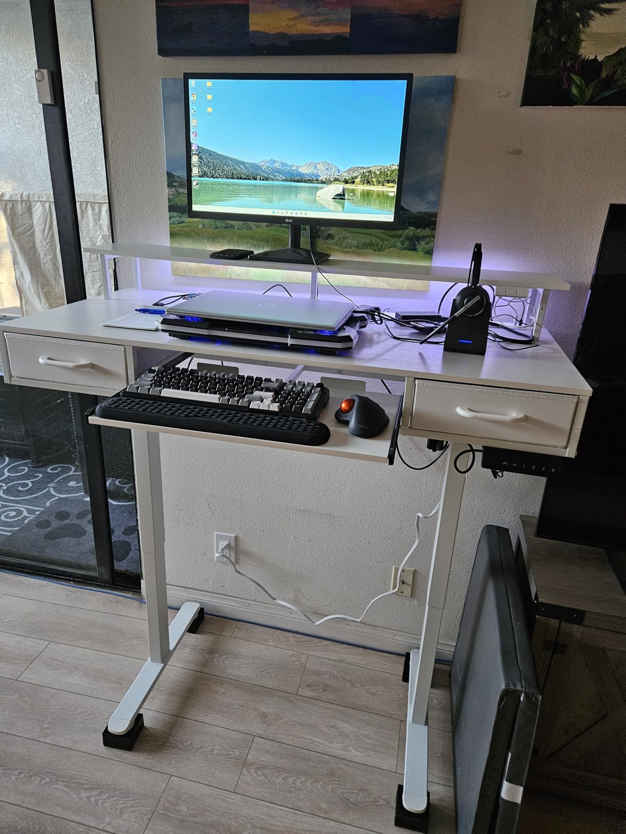 AODK 55 Inch Standing Desk with Drawers & Keyboard Tray, Rustic Brown | Power Outlet, LED Lights, Monitor Stand, Cable Management Tray, 3 Memory Heights, 29.9