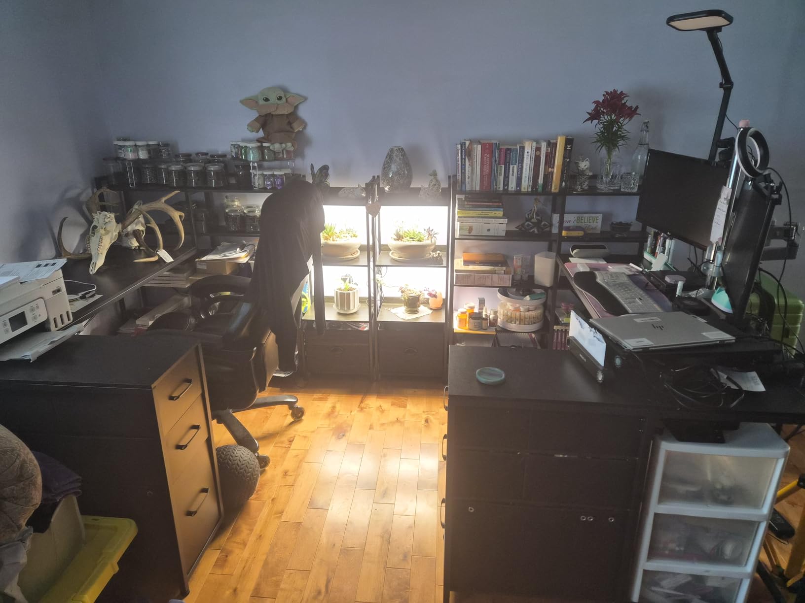 SEDETA L Shaped Gaming Desk, Reversible U Shaped Computer Desk with Power Outlet and Storage Shelves, Corner Gaming Desk with LED Lights, 3 Fabric Drawers, Black customer photo 2