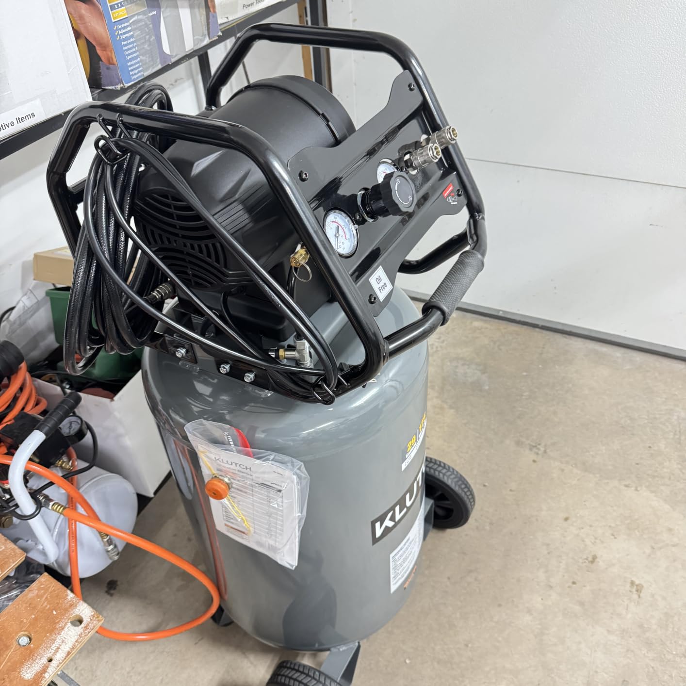 Klutch 20-Gallon Air Compressor, 2 HP, 120V, 175 PSI, 4.2 SCFM at 90 PSI | Oil-free vertical design, 75% duty cycle, Large wheels, Easy-access tank drain, Quick recovery for shop air tools customer photo 1