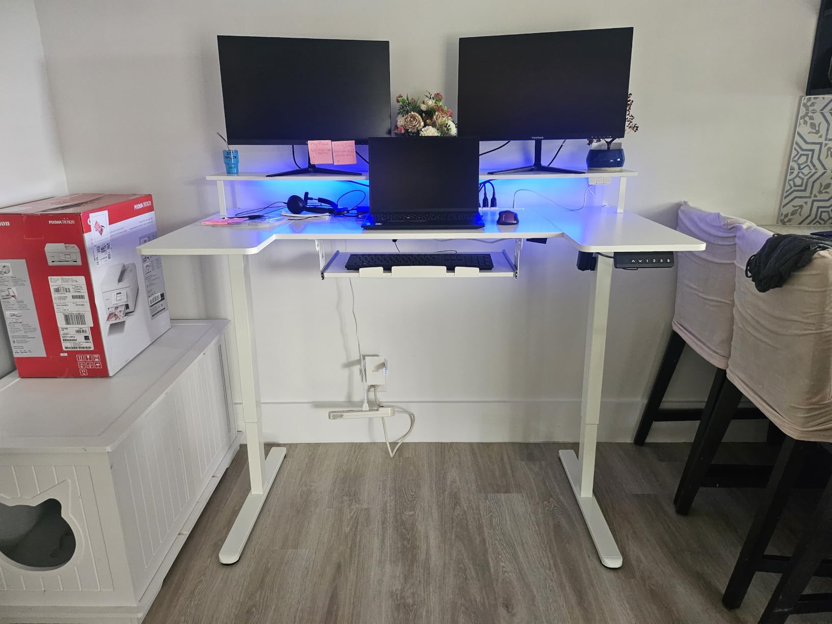 OffiGo 55 Inch U Shaped Electric Standing Desk with Keyboard Tray, White | Power Outlet, Dual-Monitor Stand, LED Light, 3 Presets, 28.3