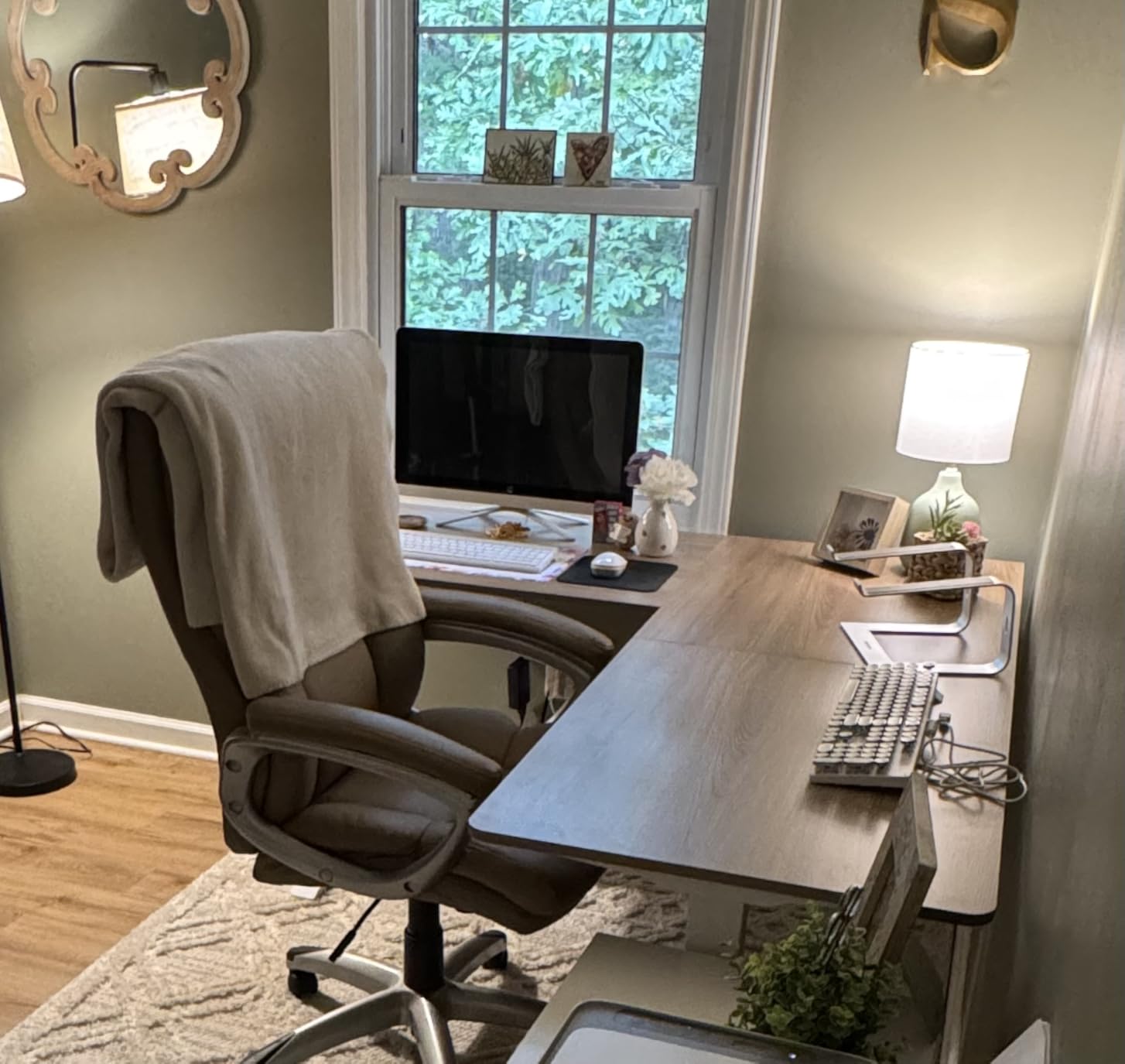 TIQLAB 63 x 55 inch L Shaped Standing Desk Adjustable Height, Electric Corner Standing Desk, Sit Stand Computer Table with Splice Board, Rustic Brown customer photo 2