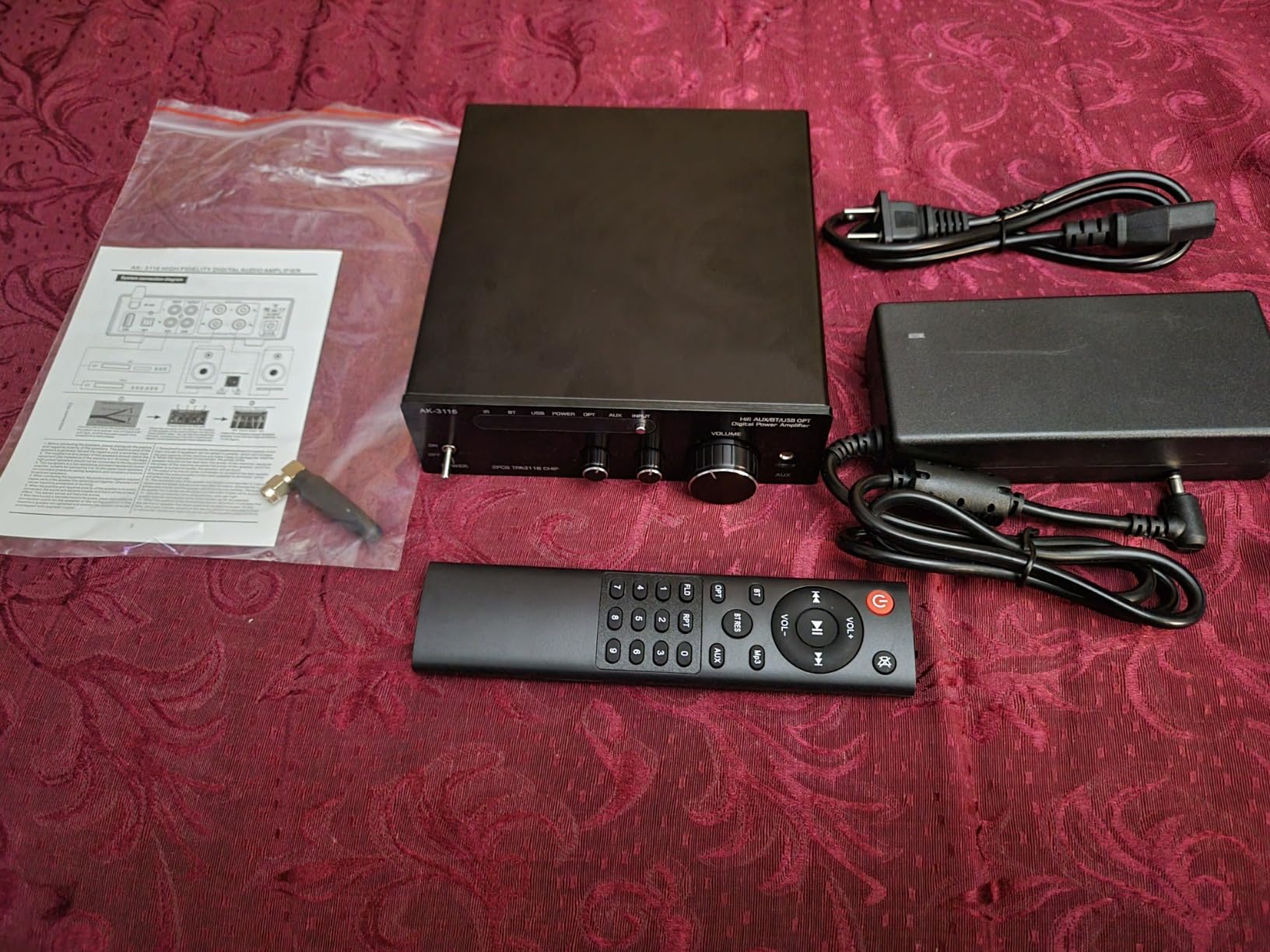 AK-3116 Bluetooth 5.0 Stereo Amplifier, 2 x 100W | Dual TPA3116D2 chips, bass and treble controls, RCA and wireless inputs for passive speakers and home stereo systems. customer photo 1