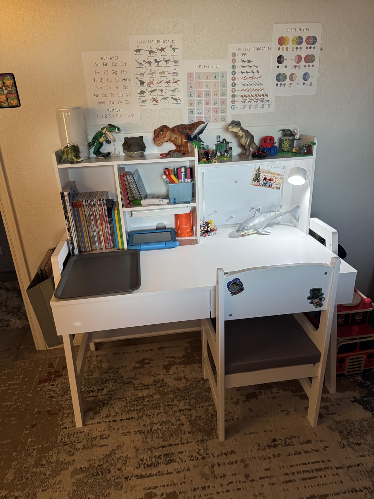 GDLF Kids Desk and Chair Set, Height Adjustable Kids Study Table, Ages 5-12 | Hutch, 2 drawers, book stand, whiteboard, lower shelf and side bag organize books and supplies; padded chair adds comfort customer photo 2