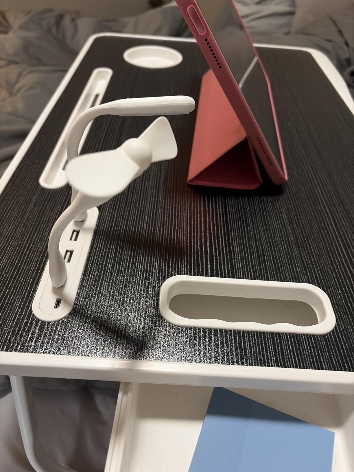 Laptop Bed Desk, Adjustable Lap Desk, Small Laptop Table with USB Charge Port, Desktop Card & Pen Slot, Cup Holder, Foldable Bed Tray Table for Couch Sofa Chair Floor Eating Working customer photo 1