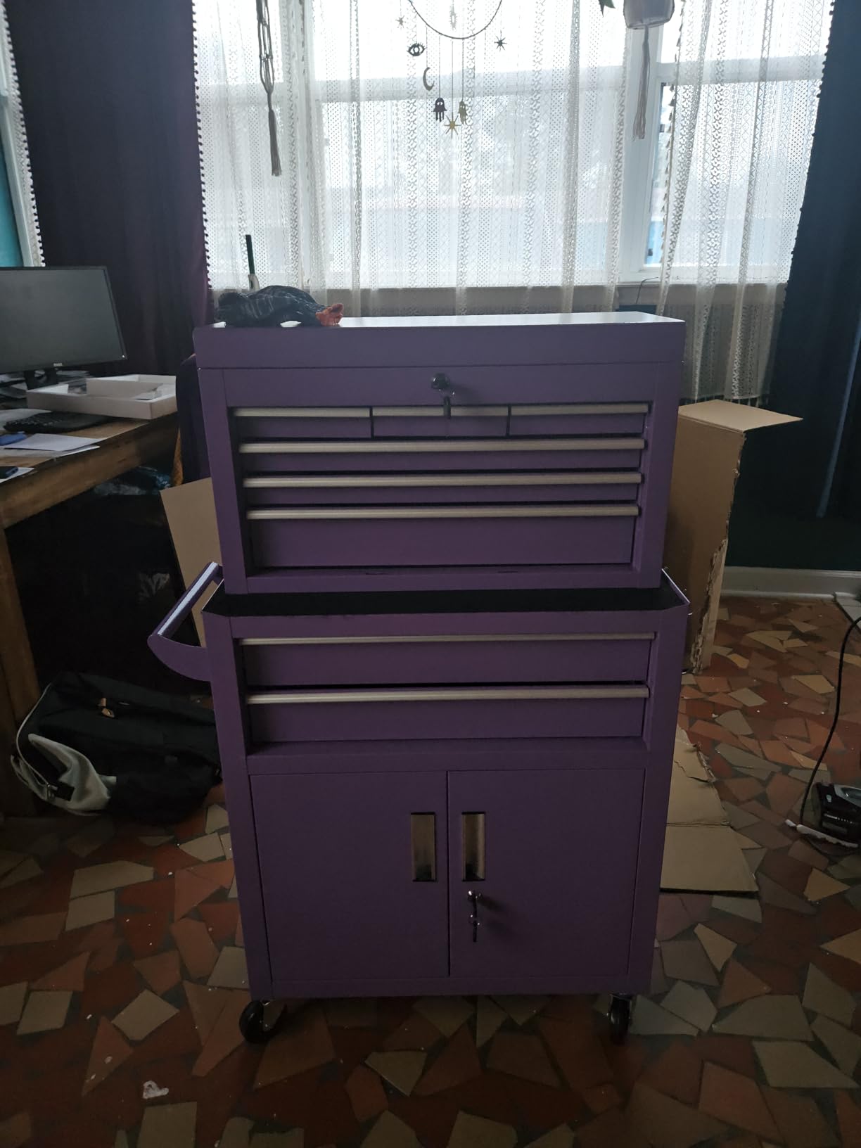 Oakcloud Lockable 8-Drawer Rolling Tool Chest & Cabinet Combo with Black Liner - Heavy-Duty Steel Garage Tool Box on Wheels - Detachable Top Toolbox & Bottom Storage Cart with Side Hooks, Purple customer photo 1