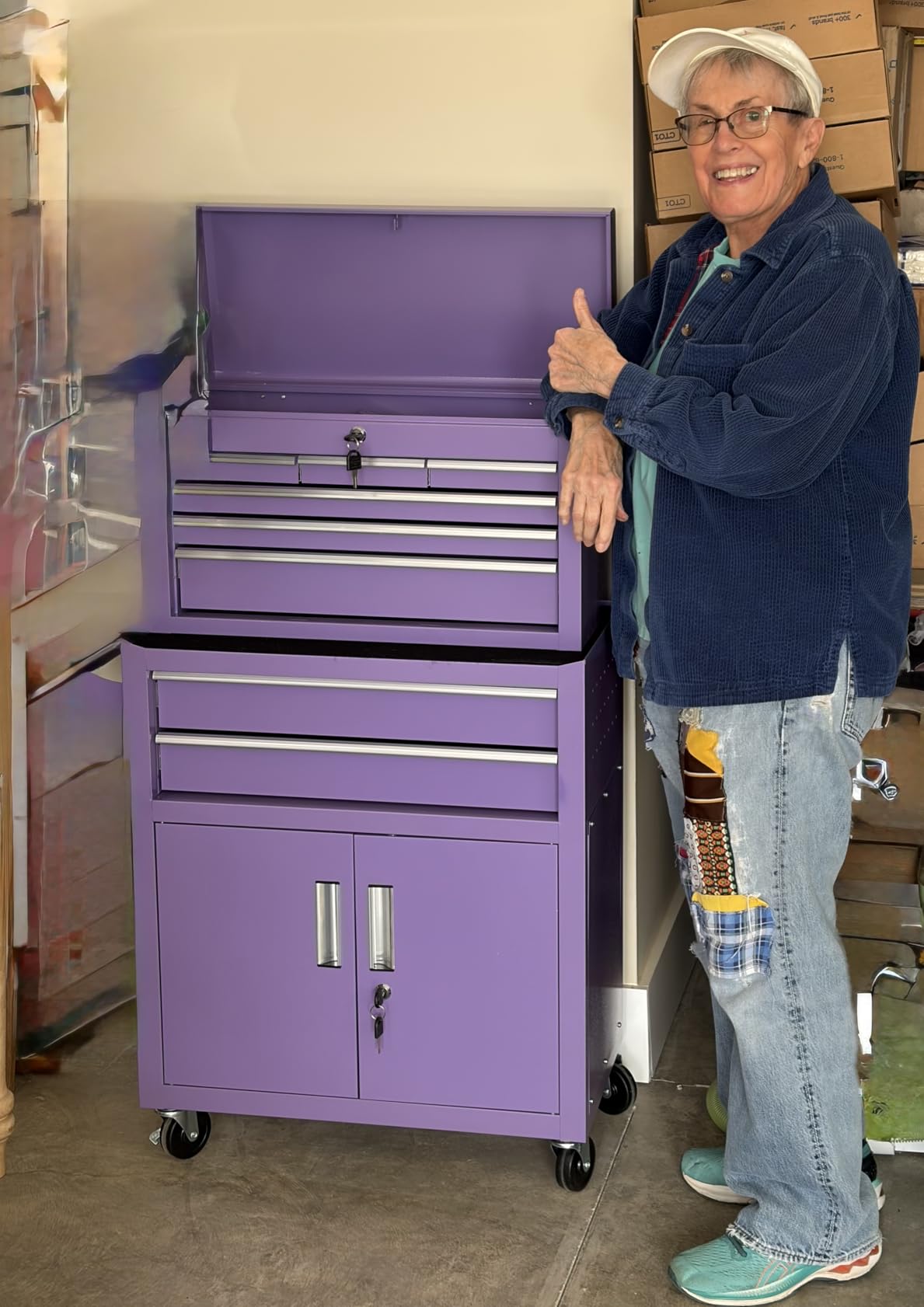 Oakcloud Lockable 8-Drawer Rolling Tool Chest & Cabinet Combo with Black Liner - Heavy-Duty Steel Garage Tool Box on Wheels - Detachable Top Toolbox & Bottom Storage Cart with Side Hooks, Purple customer photo 2