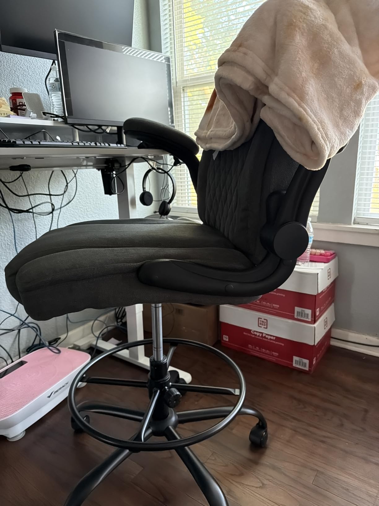 Drafting Chair Tall Office Chair for Standing Desk, Ergonomic Tall Desk Chair with Adjustable Foot Ring, Flip-Up Armrests, Lumbar Support, Comfortable Fabric Seat - Ideal for Home and Office Use customer photo 1
