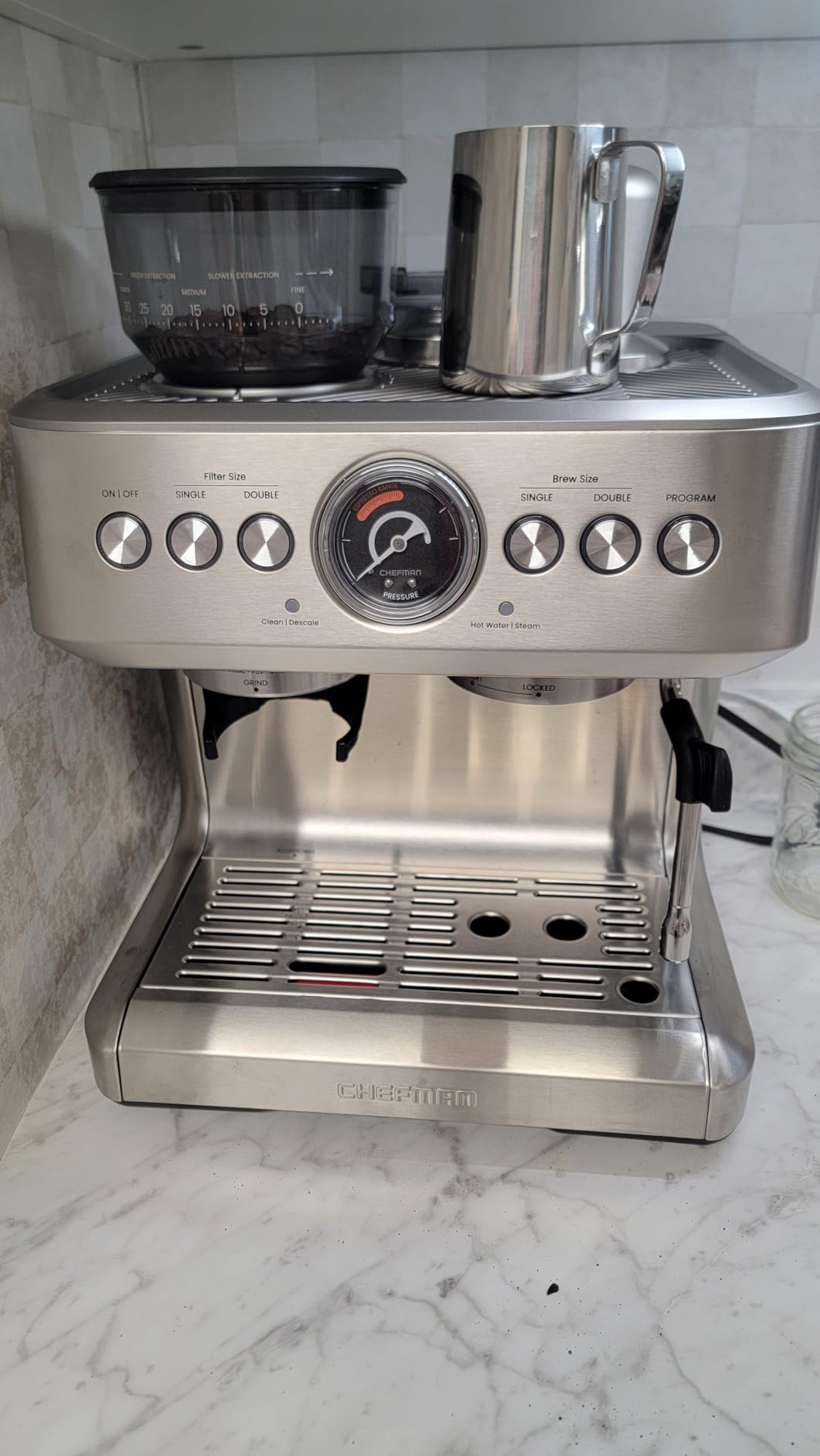 Chefman Crema Supreme 15 Bar Espresso Machine with Milk Frother, Barista Steam Wand, Professional Coffee Maker with Coffee Grinder, 30 Grind Settings, 3L Removable Water Tank - Stainless Steel customer photo 2