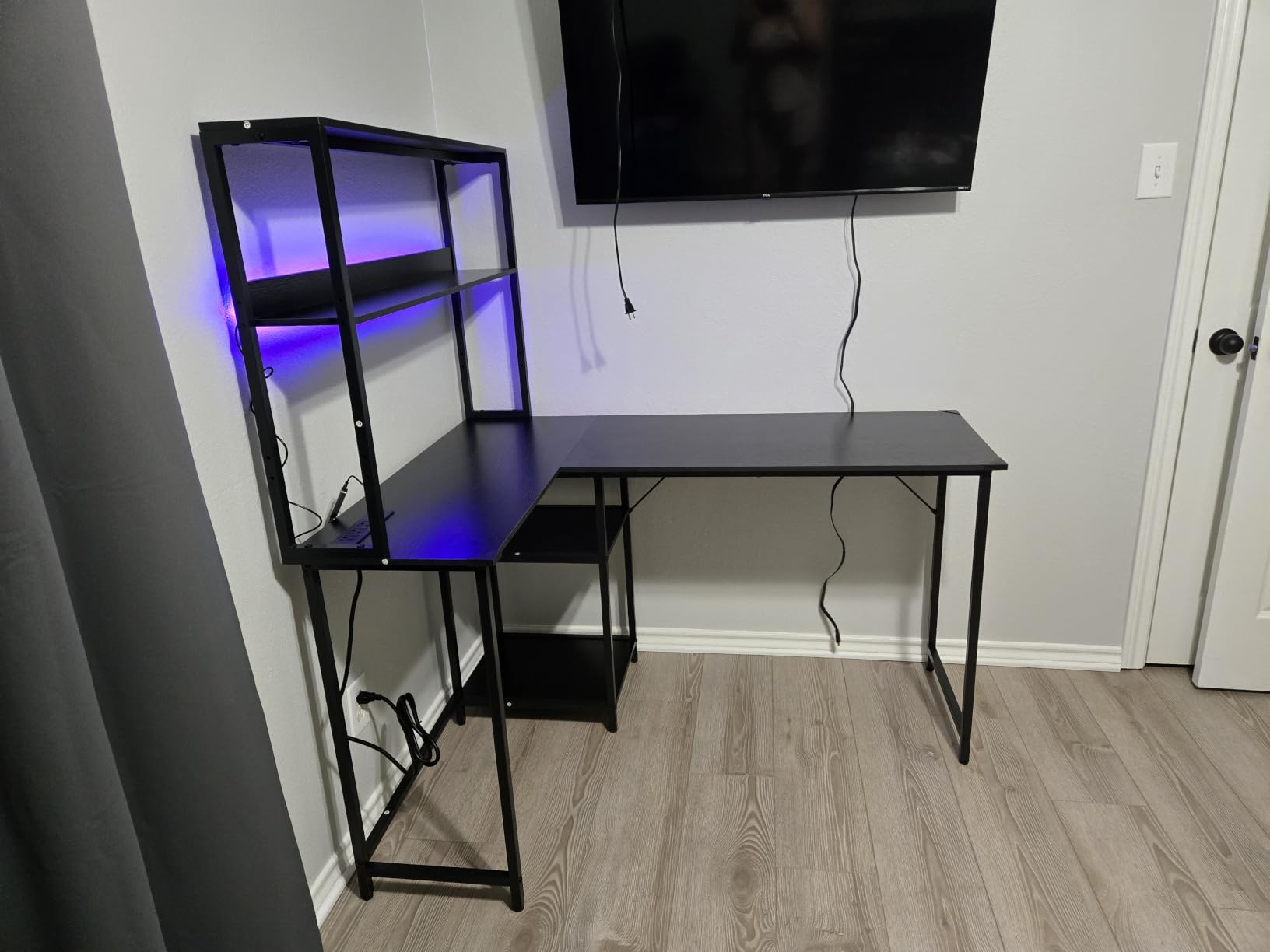 DUMOS L Shaped Desk, Gaming Desk, Power Outlet, 53 Inch | Reversible Corner Computer Table, Adjustable Shelf CPU Stand, Home Office Writing Table, LED, Black customer photo 1