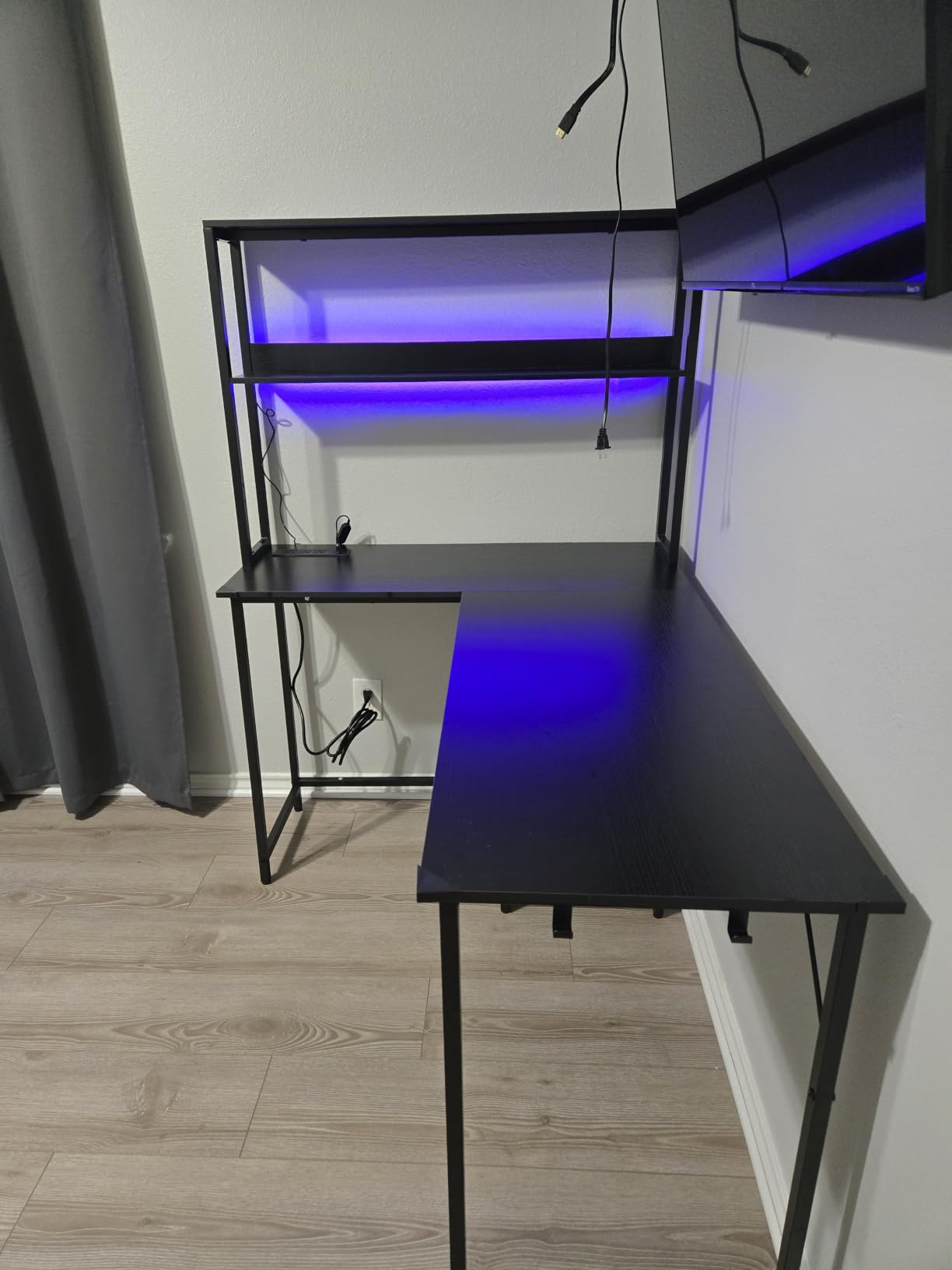 DUMOS L Shaped Desk, Gaming Desk, Power Outlet, 53 Inch | Reversible Corner Computer Table, Adjustable Shelf CPU Stand, Home Office Writing Table, LED, Black customer photo 2