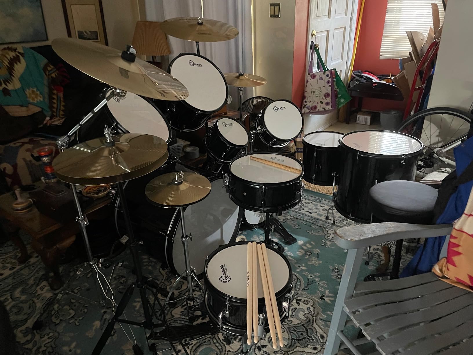 Gammon Percussion Full Size Complete Adult 5-Piece Drum Set with Cymbals, Stands, Stool, and Sticks - Black customer photo 1