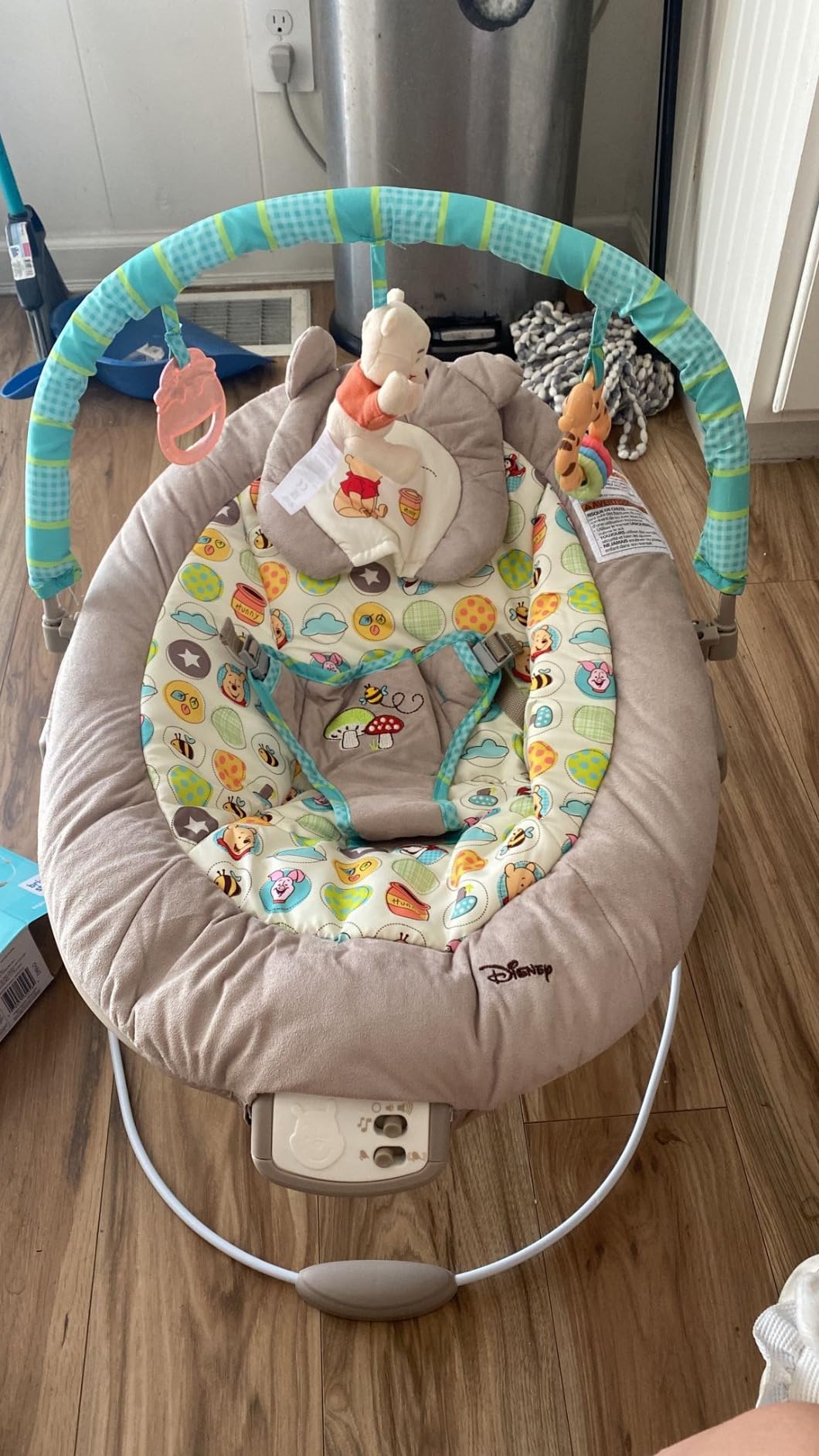 Bright Starts Disney Baby Winnie The Pooh Baby Bouncer Soothing Vibrations Deluxe Infant Seat - Faux Suede, Music, Removable Toy Bar, 0-6 Months 6-20 lbs (Dots & Hunny Pots) customer photo 1