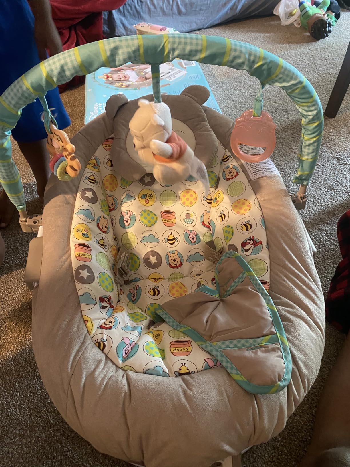 Bright Starts Disney Baby Winnie The Pooh Baby Bouncer Soothing Vibrations Deluxe Infant Seat - Faux Suede, Music, Removable Toy Bar, 0-6 Months 6-20 lbs (Dots & Hunny Pots) customer photo 2