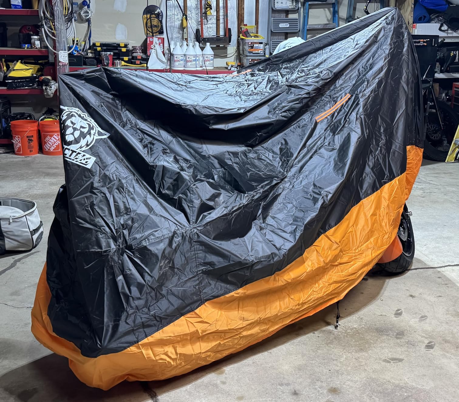 XYZCTEM Motorcycle Cover - All Season Waterproof Outdoor Protection | Fits up to 116 Inch Tour Bikes, Choppers and Cruisers - Protect Against Dust, Debris, Rain and Weather (Black & Orange) customer photo 2