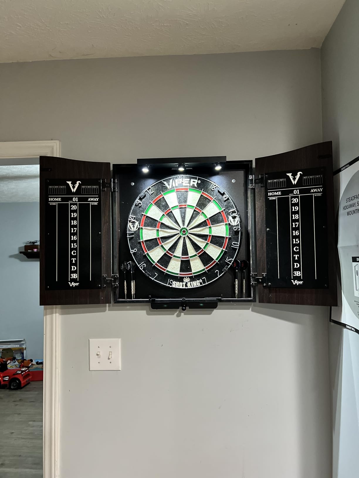 Viper Vault Cabinet & Shot King Sisal/Bristle Dartboard Ready-to-Play Bundle with Two Sets of Steel-Tip Darts, Throw Line, and Dry Erase Scoreboards, Walnut Finish customer photo 1
