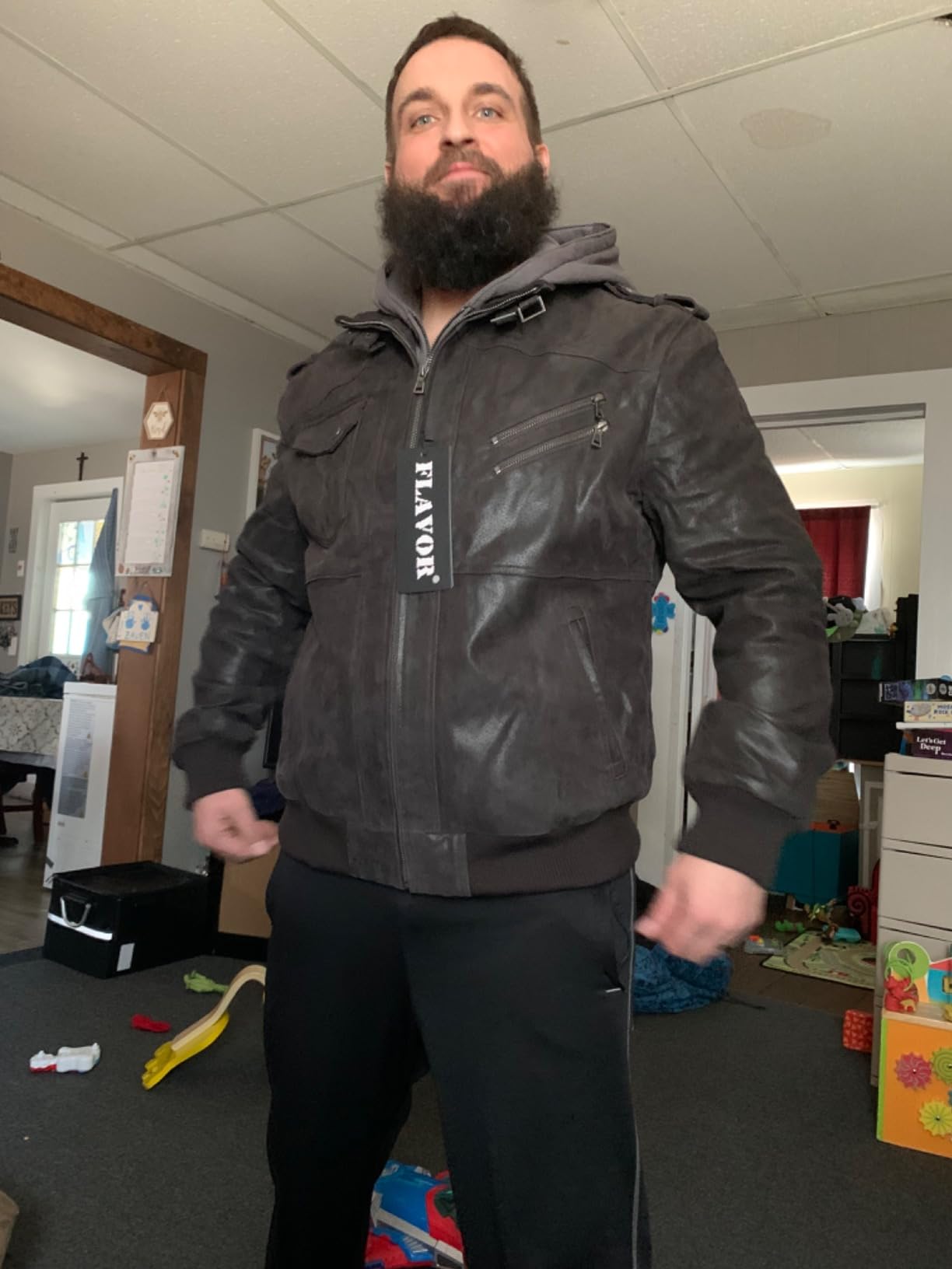 FLAVOR Men Brown Leather Motorcycle Jacket with Removable Hood | Genuine Leather, Removable Hood, Windproof, Multi Pockets, Fall Winter Coats, Riding and Daily Wear, Moto Biker Jacket Men customer photo 2