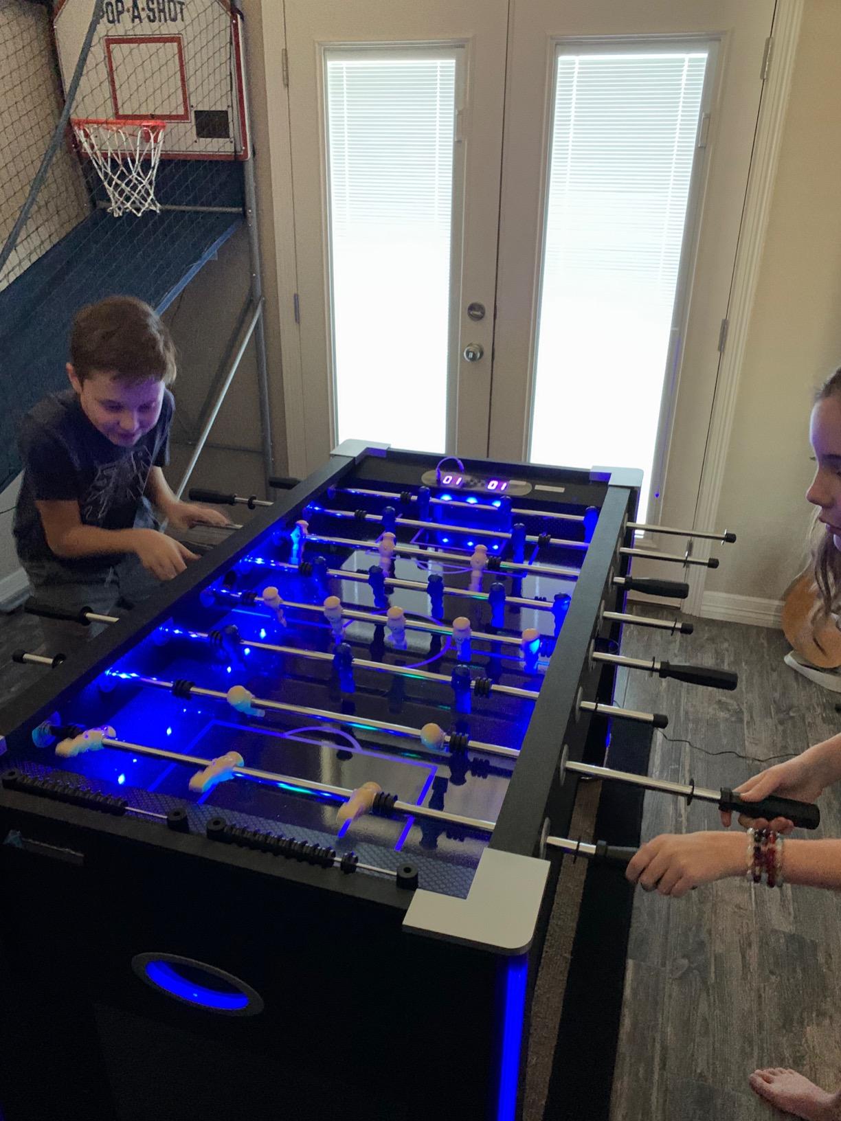 Atomic Azure LED Foosball Table - Light Up Arcade Style Table with In-Rail LED Lighting, Music, Electronic Scoring, Glow Foosball, 47