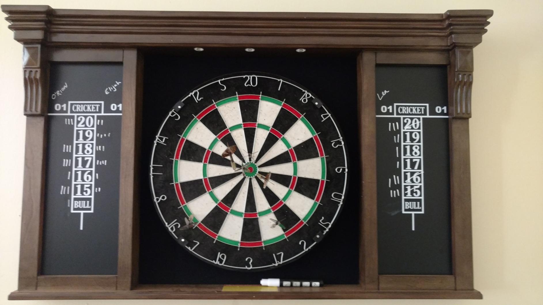 Barrington Pub Style Dartboard, Pre-Assembled with LED Lights, Woodhaven | Pre-Assembled LED Pub-Style Dartboard Cabinet With 18