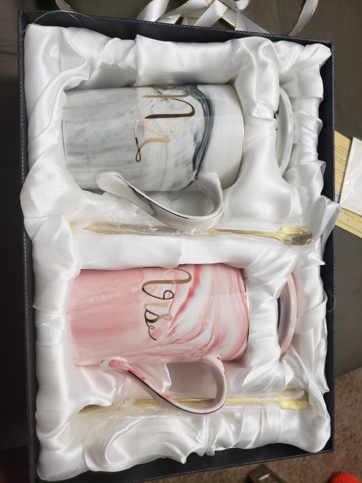 Jumway Wedding Gifts for Bride and Groom, Gifts for Bridal Shower Engagement Wedding and Married Couples Anniversary - Ceramic Marble Coffee Mugs with Real Gold Mr/Mrs Letters 14 Oz Pink customer photo 1