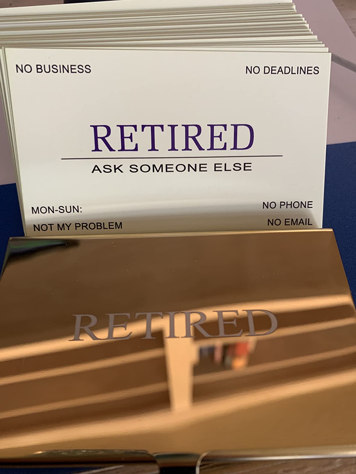 RXBC2011 Retired Business Cards Funny Retirement Gift (Pack of 50 with Gold Mirror Stainless Steel Case) For Retired Men Women Coworkers Employees Boss Friend Colleague customer photo 1