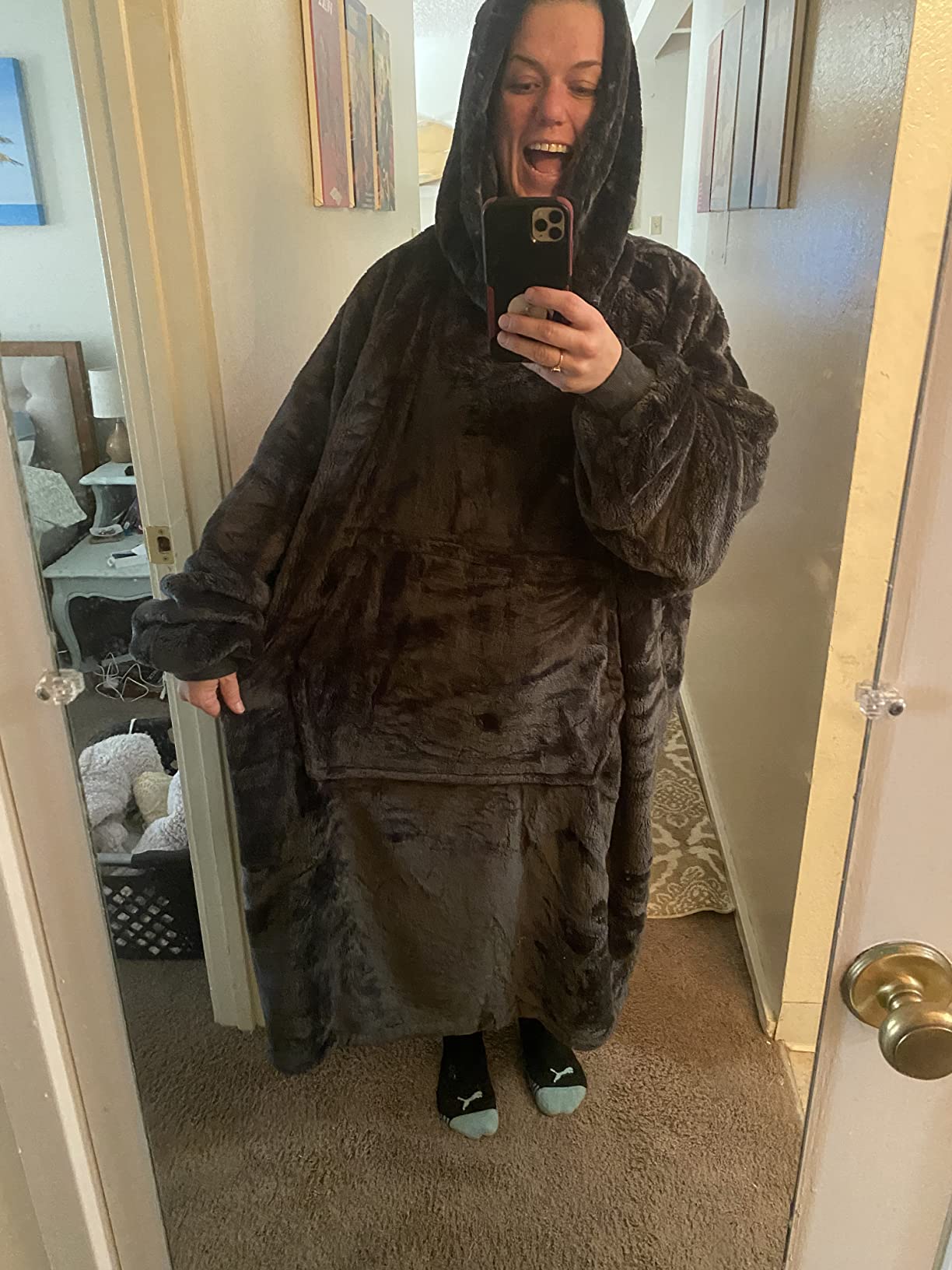 Waitu Wearable Blanket Sweatshirt Gifts for Women and Men, Warm and Cozy Giant Blanket Hoodie, Thick Flannel Blanket with Sleeves and Giant Pocket - Navy customer photo 2