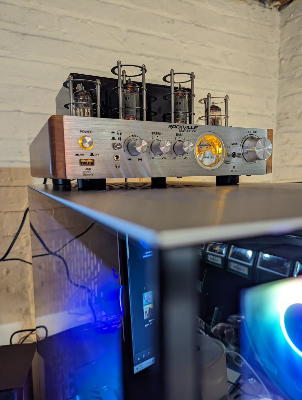 Rockville Blutube WD 70W Bluetooth Tube Amplifier Stereo Receiver | 2-Tone Silver/Wood, HDMI, Optical & Coaxial Inputs, USB Playback, Sub Output, Headphone Jack, VU Meter customer photo 2