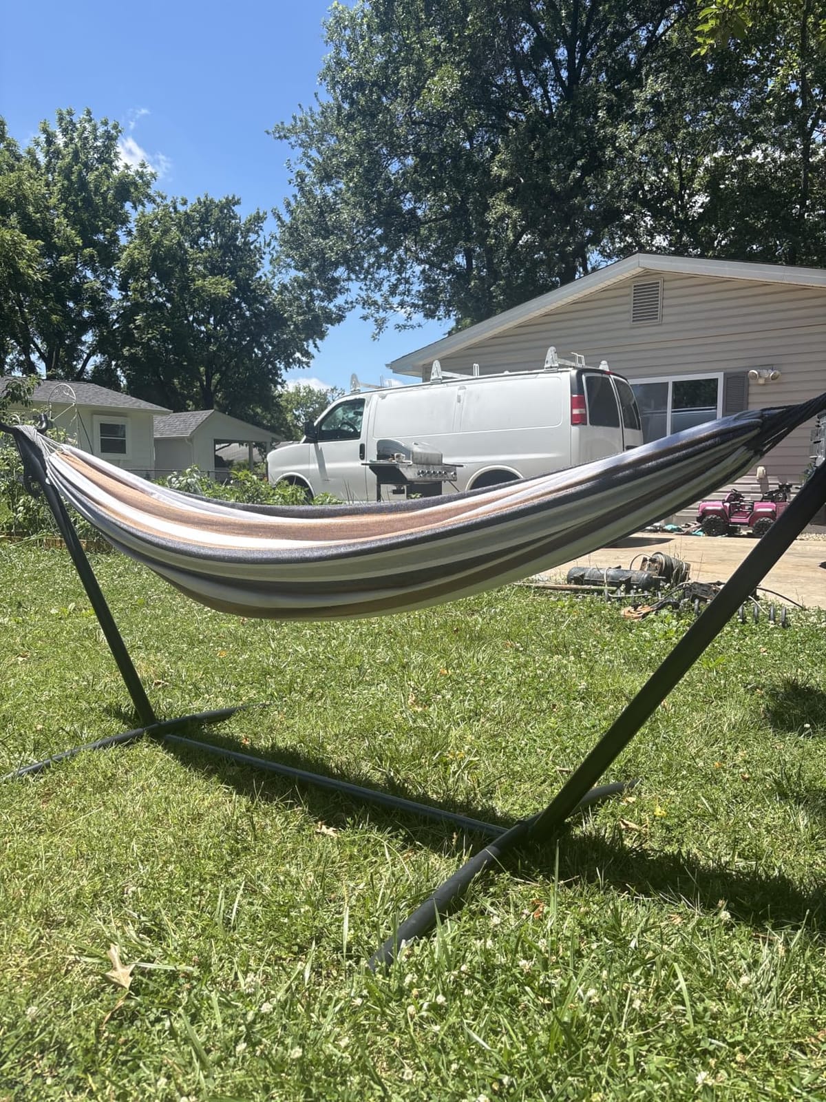 PNAEUT Double Hammock with Stand for Outside, Heavy-Duty, Portable (Coffee) | 450 lbs, 9FT, Space Saving, 2 Person, Heavy-Duty Steel Frame, Easy Assembly, Indoor Outdoor Patio customer photo 2