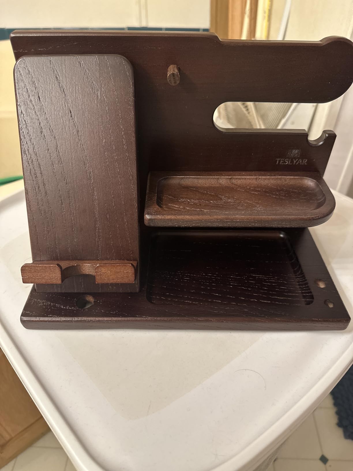 TESLYAR Wood Phone Docking Station for Men - Desk or Nightstand Organizer - Birthday Gifts for Husband, Dad - Anniversary Idea from Wife - Key Holder, Stand Wallet, Watch & Essentials (Bourbon Brown) customer photo 1