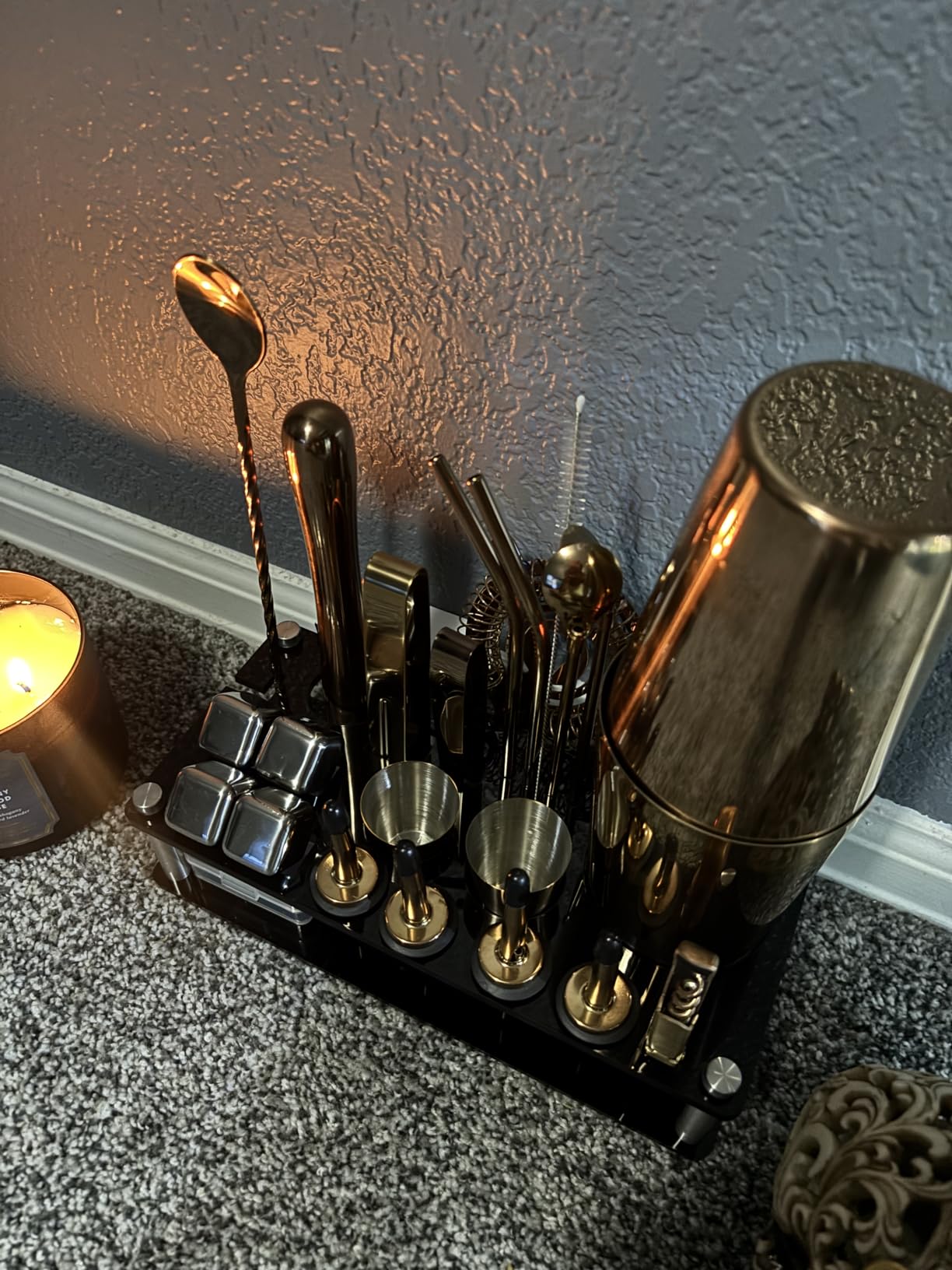 KINGROW Cocktail Shaker Set, 23 Piece Bartender Kit with Stand Silver | Boston bar set prevent rust, no leaks, dishwasher safe, 4 whiskey stones, for home bar party gift, recipe book for beginners customer photo 1