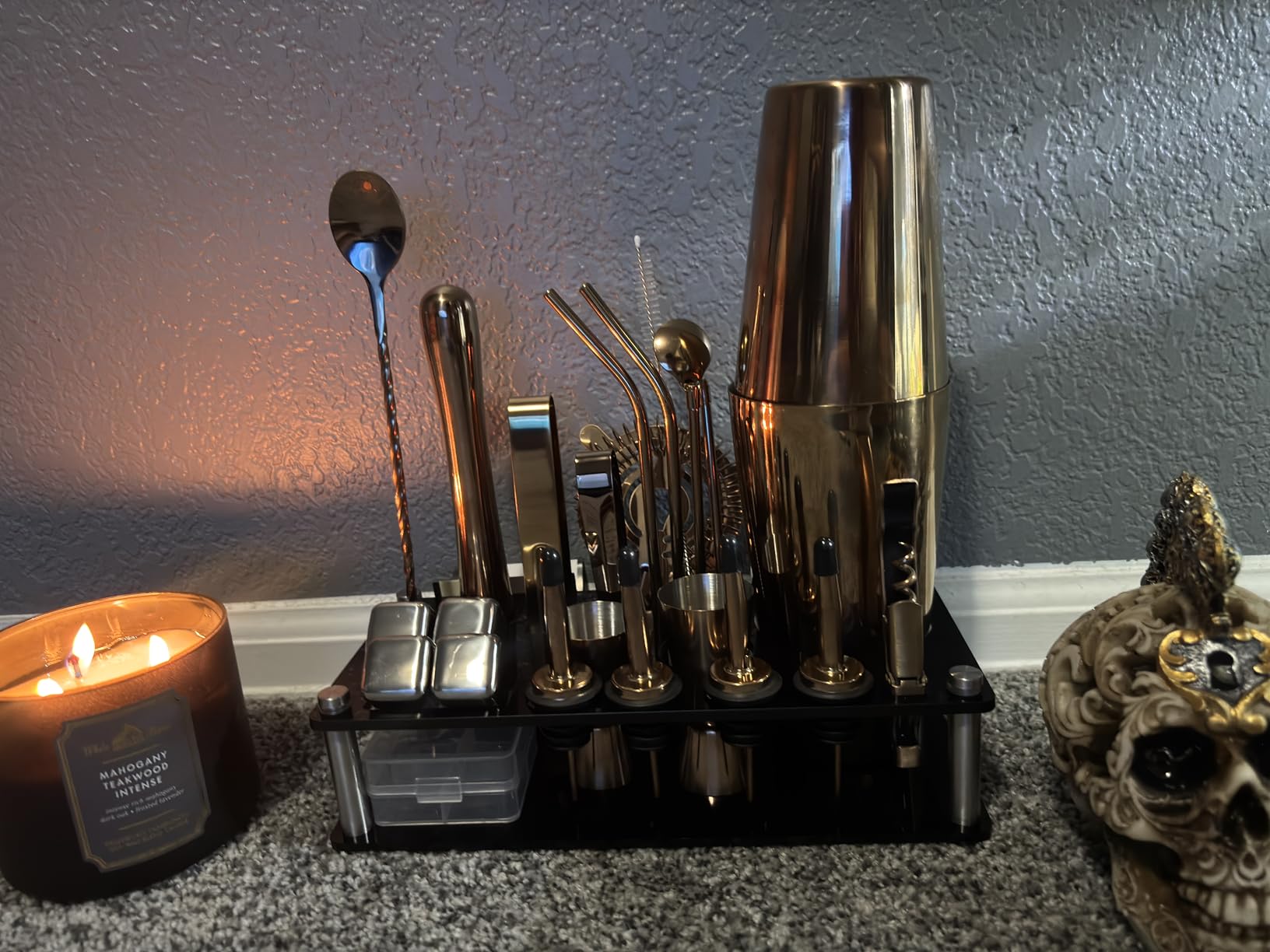 KINGROW Cocktail Shaker Set, 23 Piece Bartender Kit with Stand Silver | Boston bar set prevent rust, no leaks, dishwasher safe, 4 whiskey stones, for home bar party gift, recipe book for beginners customer photo 2