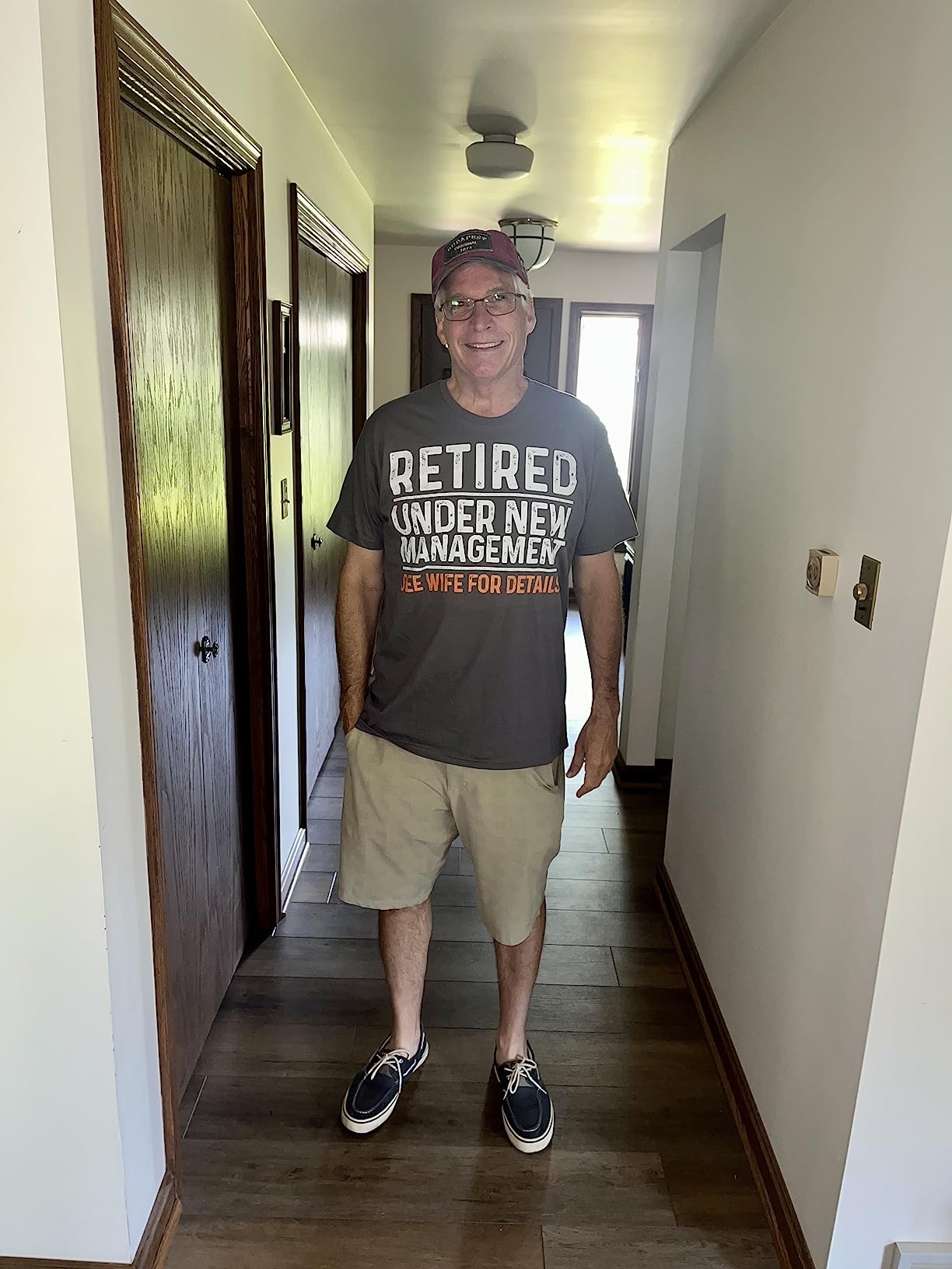 Funny Retirement Party Men's T-Shirt - Dad Humor, Classic Fit, Short Sleeve - Black ('Retired Under New Management See Wife For Details') customer photo 1