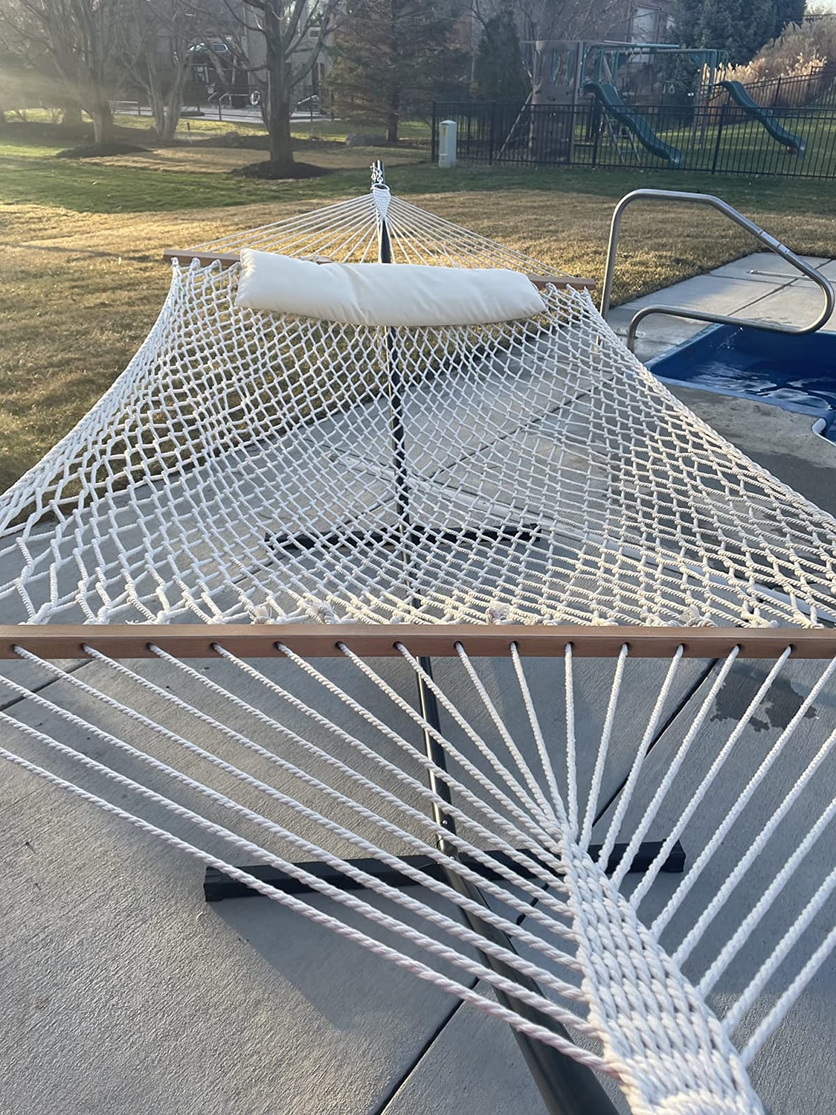 SUNCREAT Double Outdoor Hammock with Stand, Carrying Bag, Dark Gray | Two Person Cotton Rope Hammock with Polyester Pad customer photo 1