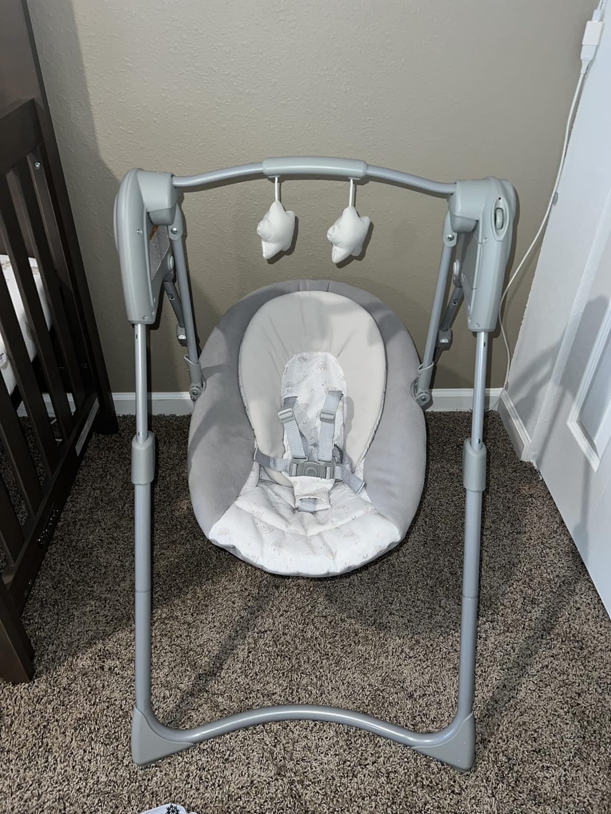 Graco Slim Spaces Compact Baby Swing, Space Saving Portable Baby Swing with Height Adjustable Legs & Soft Toys, Reign customer photo 1