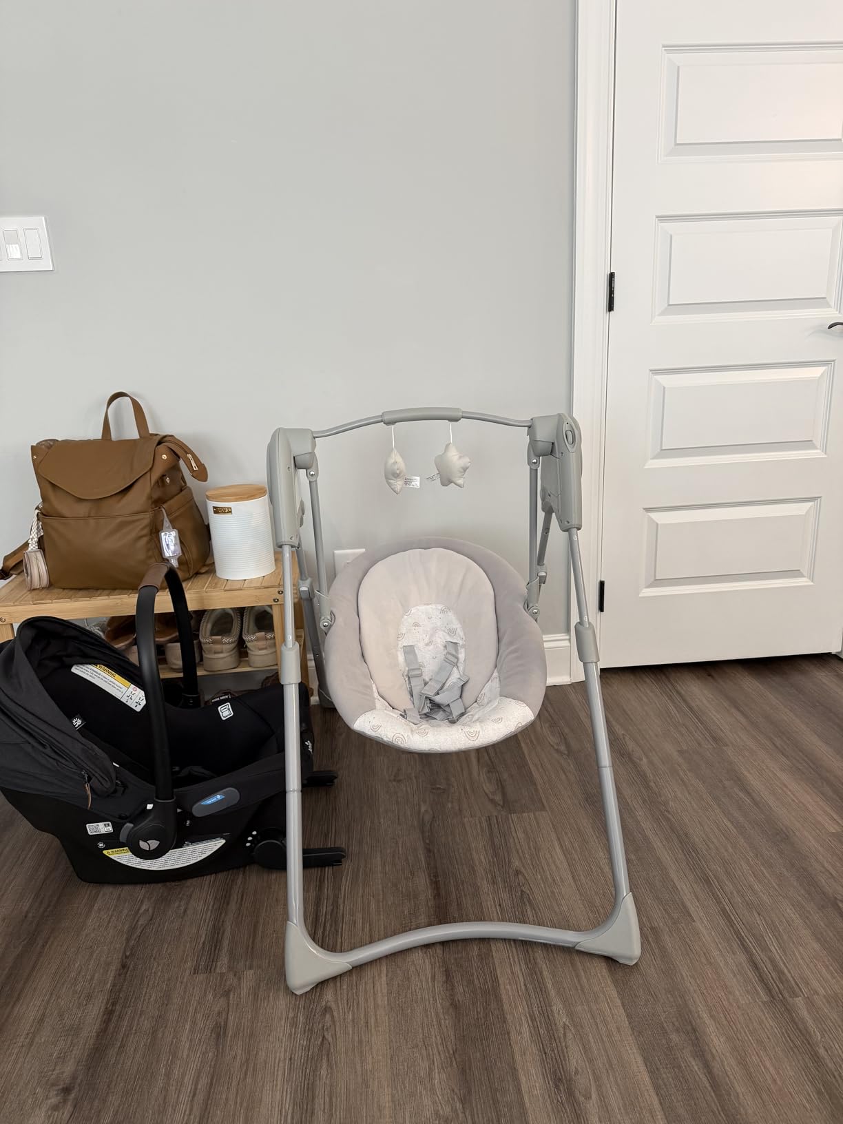 Graco Slim Spaces Compact Baby Swing, Space Saving Portable Baby Swing with Height Adjustable Legs & Soft Toys, Reign customer photo 2