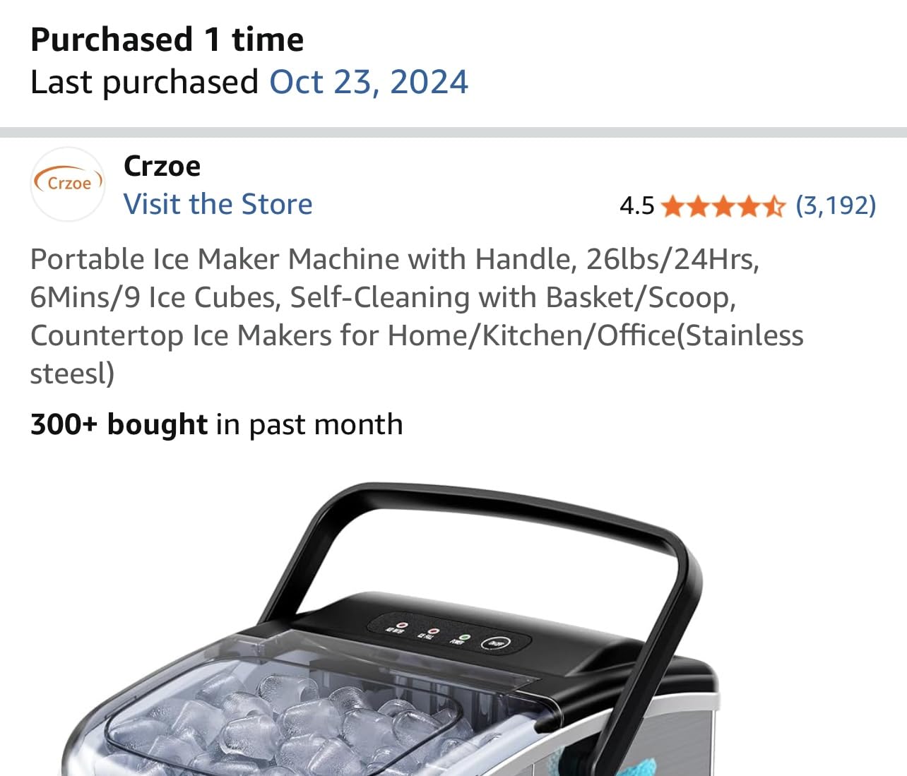 Crzoe Countertop Ice Maker, 26Lbs/24H, 2 Sizes of Ice, Self-Cleaning, Grey | 8 Bullet-Shaped Ice Cubes Ready in 6 Mins, Portable Ice Machine with Ice Scoop and Basket for Home/Kitchen customer photo 1