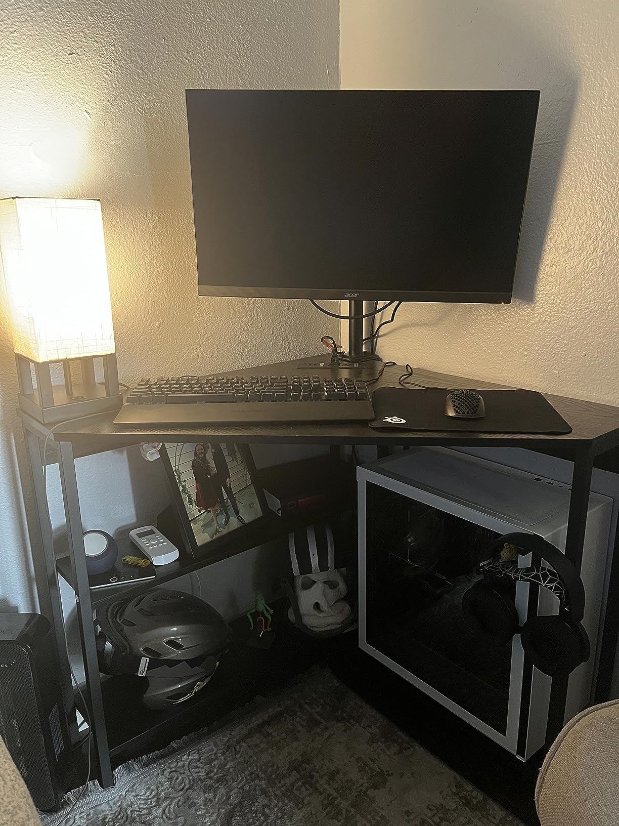 Triangle Corner Desk with Power Outlets, Storage Shelves for Small Space | 90 Degree Corner Table with CPU Stand, Computer Table with Charging Station for Home Office, Bedroom (Black) customer photo 2