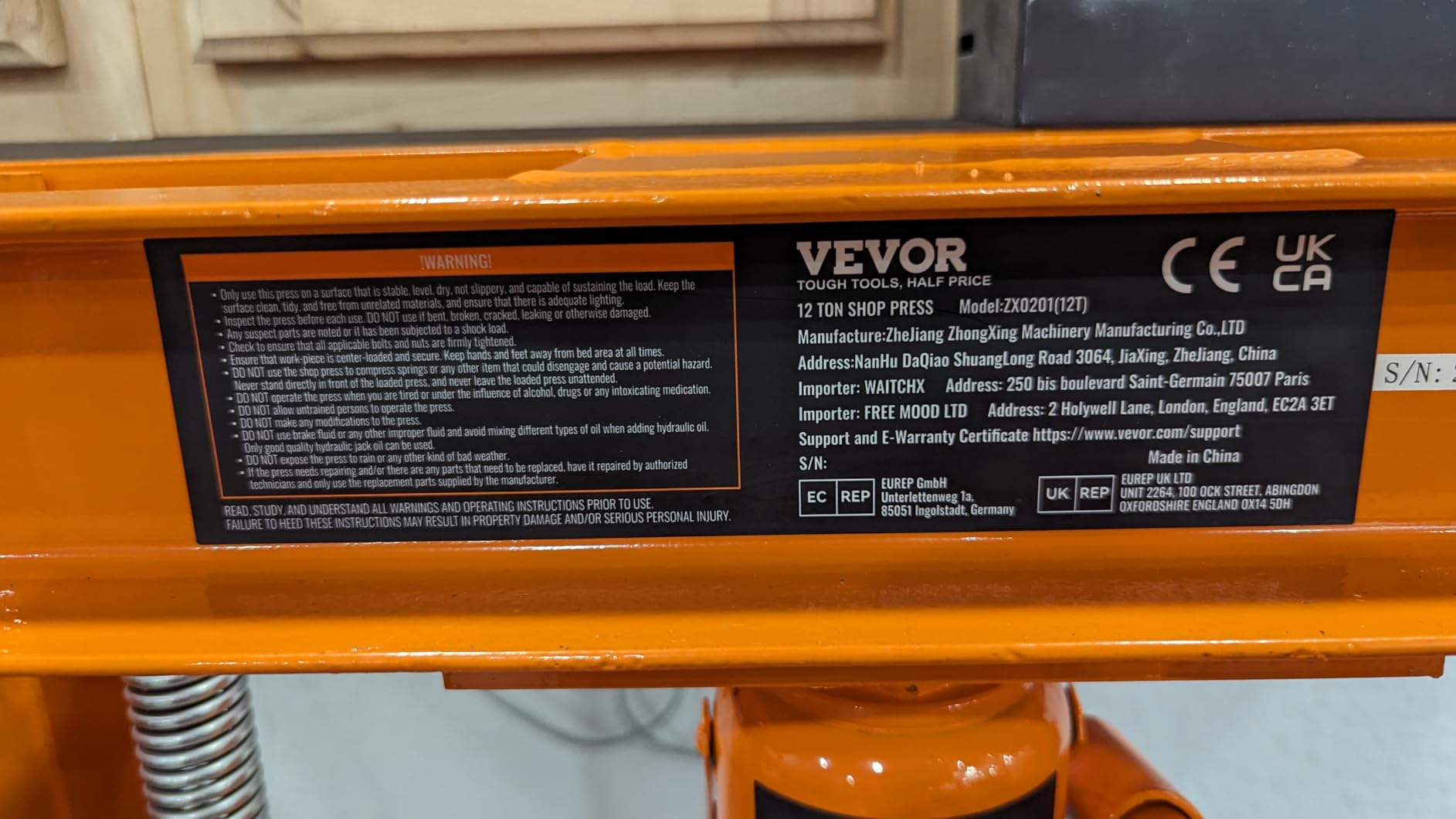 VEVOR Hydraulic 6 Ton H-Frame Garage Floor Adjustable Shop Press | Heavy-Duty Steel, with Movable Plates for Bending, Straightening, and Stamping, 2.2