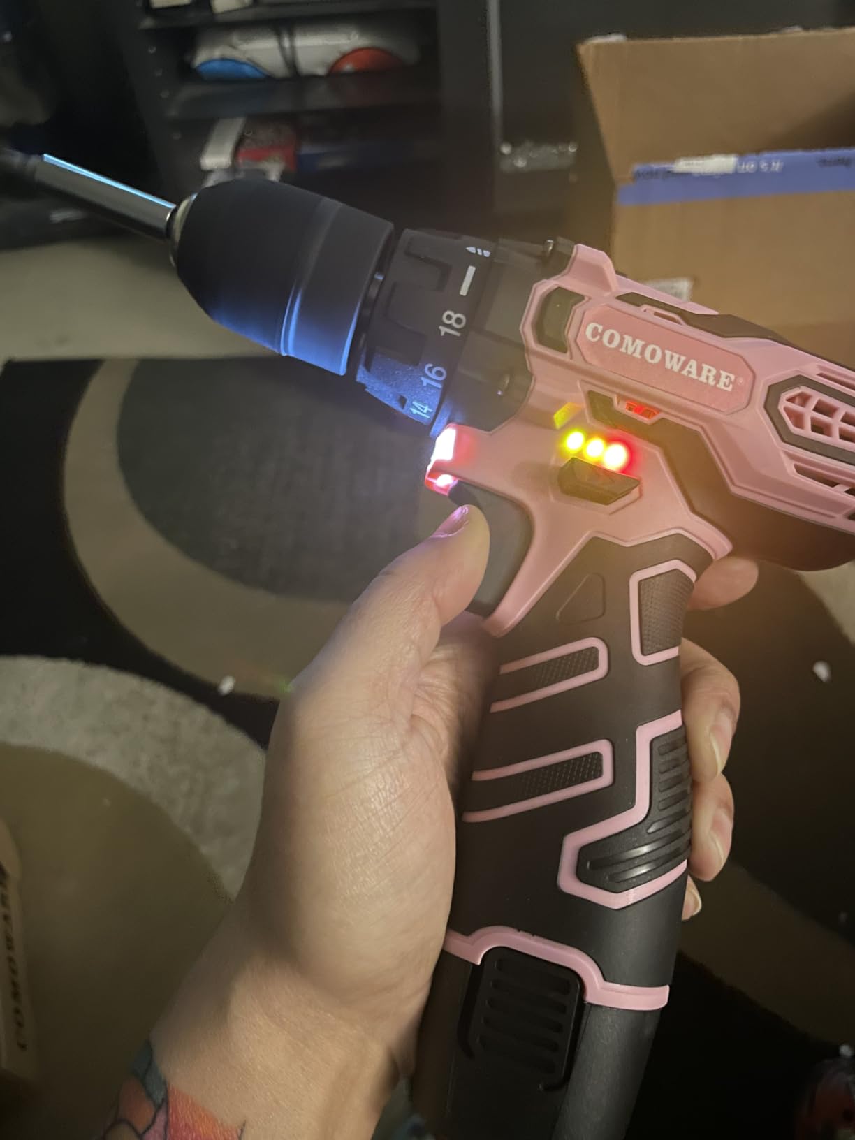 COMOWARE Pink Cordless Drill Set for Women, 12V Lightweight Electric Screwdriver with 3/8
