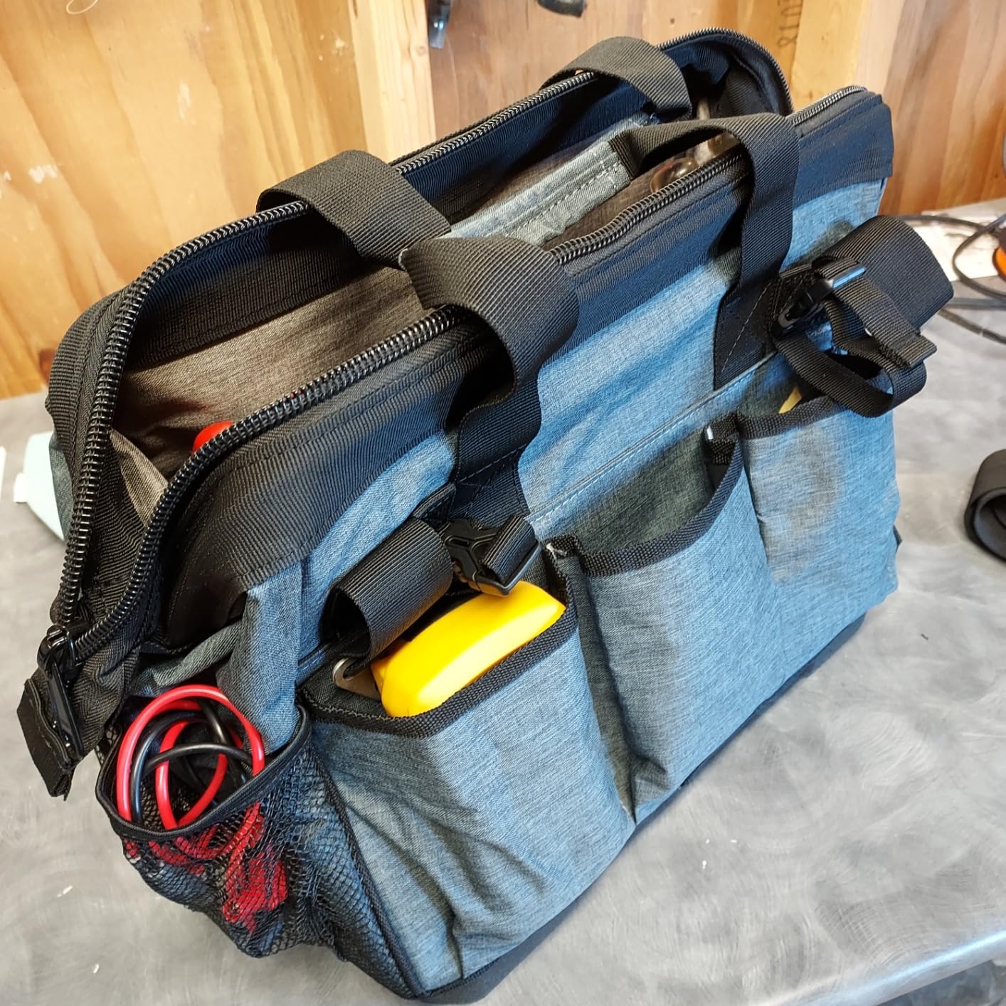 Arbon Electrician Tool Bag, Heavy Duty Tool Organizer, 34 Pockets, 52+ lb | Large storage for men, 5-layer reinforced walls, metal frame, hard molded base, water resistant polyester PP plastic, gray customer photo 1