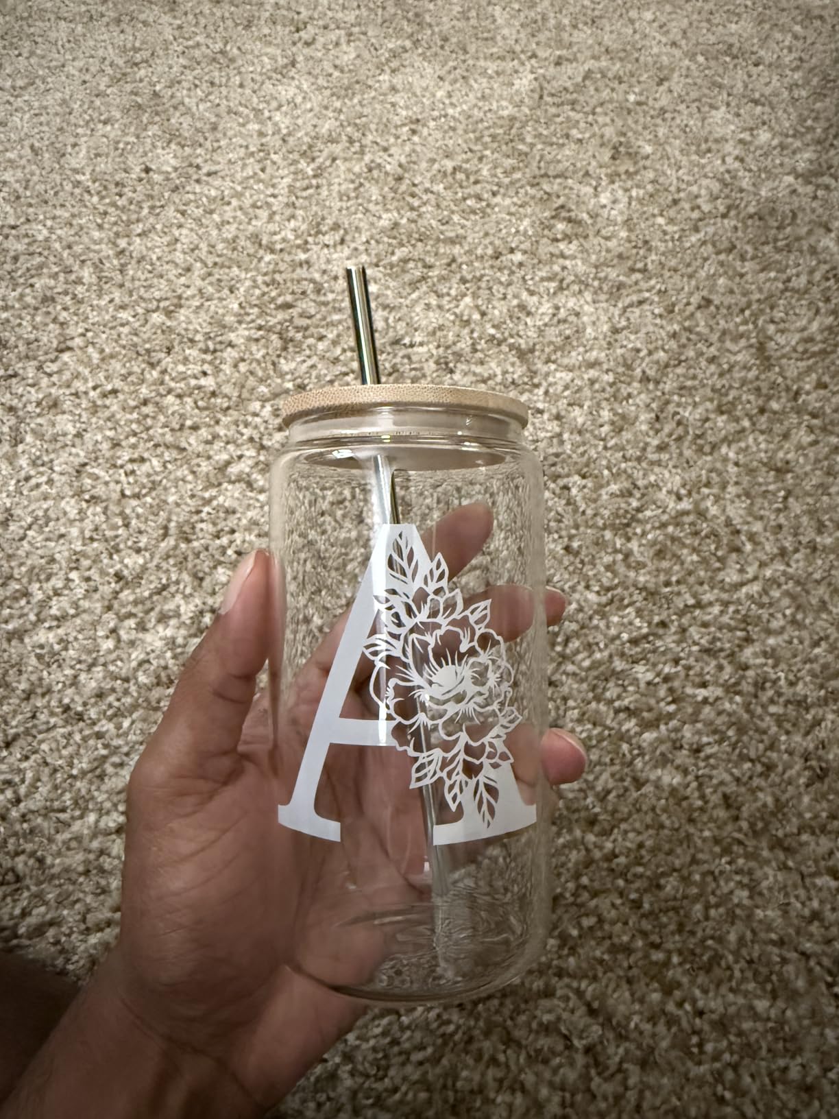 Coolife Initial Glass Cup, Monogrammed Gifts for Women, 16 oz Tumbler w/Lid | Iced Coffee Smoothie Beer Tumbler w/Straw Lid - Personalized Christmas, Birthday Gifts for Woman Her Mom Friend customer photo 1