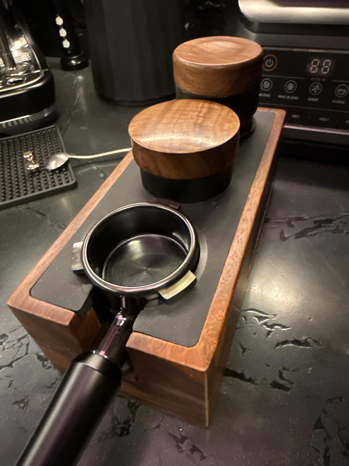 MHW-3BOMBER Espresso Tamping Station, 4 in 1 Walnut Espresso Organizer Box with Magnetic Drawer for Storage 51-58mm Espresso Tamper,Distributor,Portafilter and Espresso Accessories, CH6622 customer photo 1