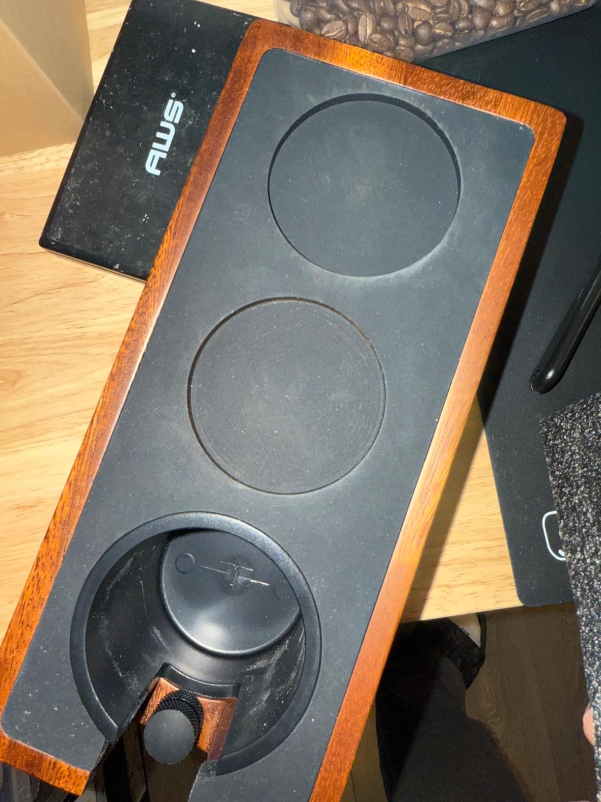 MHW-3BOMBER Espresso Tamping Station, 4 in 1 Walnut Espresso Organizer Box with Magnetic Drawer for Storage 51-58mm Espresso Tamper,Distributor,Portafilter and Espresso Accessories, CH6622 customer photo 2