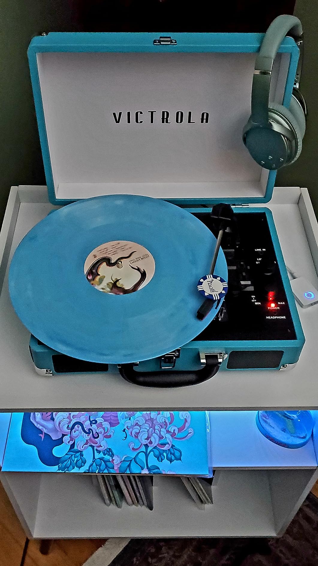 Victrola Journey Bluetooth Suitcase Record Player - Smoky Blue | Built-in stereo speakers, 3-speed turntable, Bluetooth streaming customer photo 1