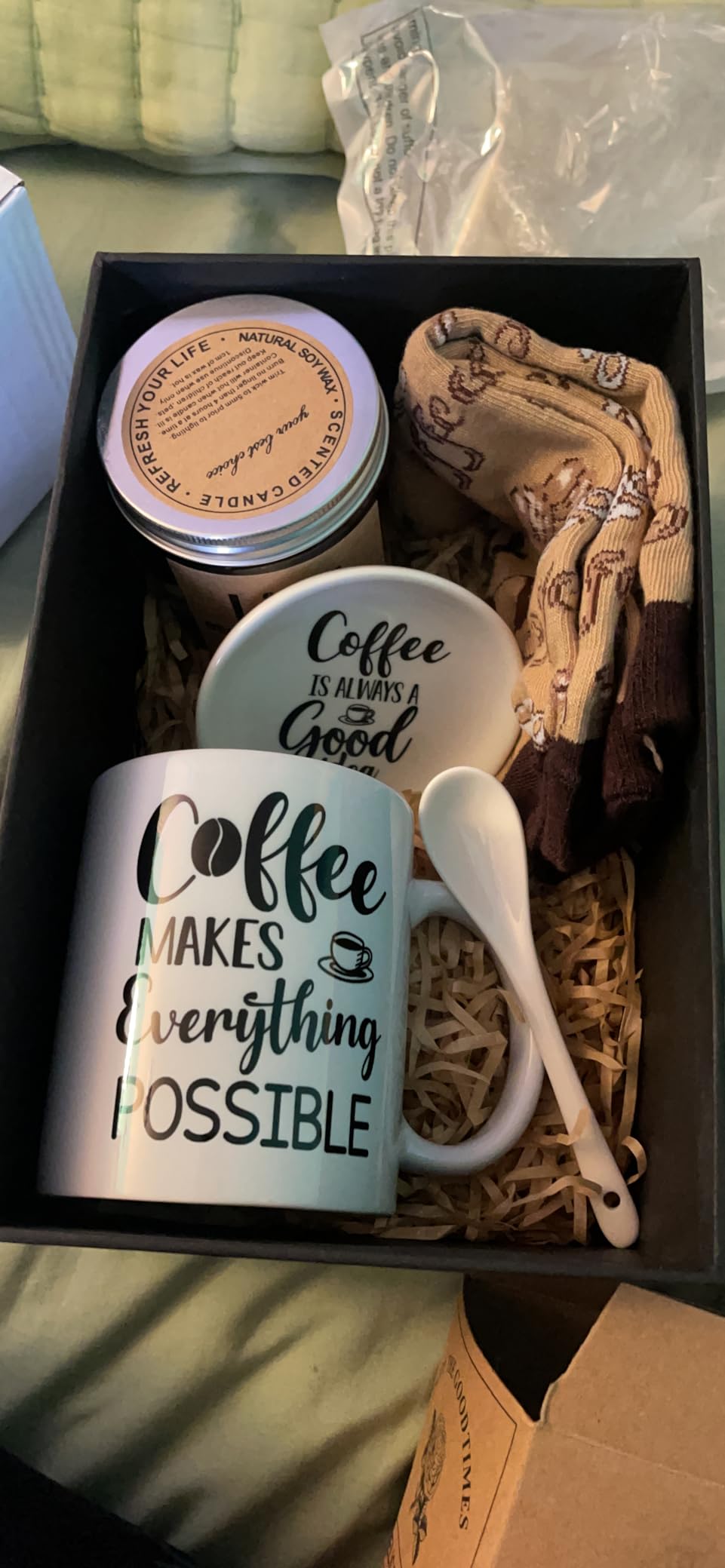 Vabean 5 Pcs Coffee Gift Basket for Women, Mug Candle Socks Spoon | Coffee Lovers Gifts, Basket Birthday Gift for Men Women Cozy Themed Socks with Sayings, Ceramic Mug Spoon Rest customer photo 2