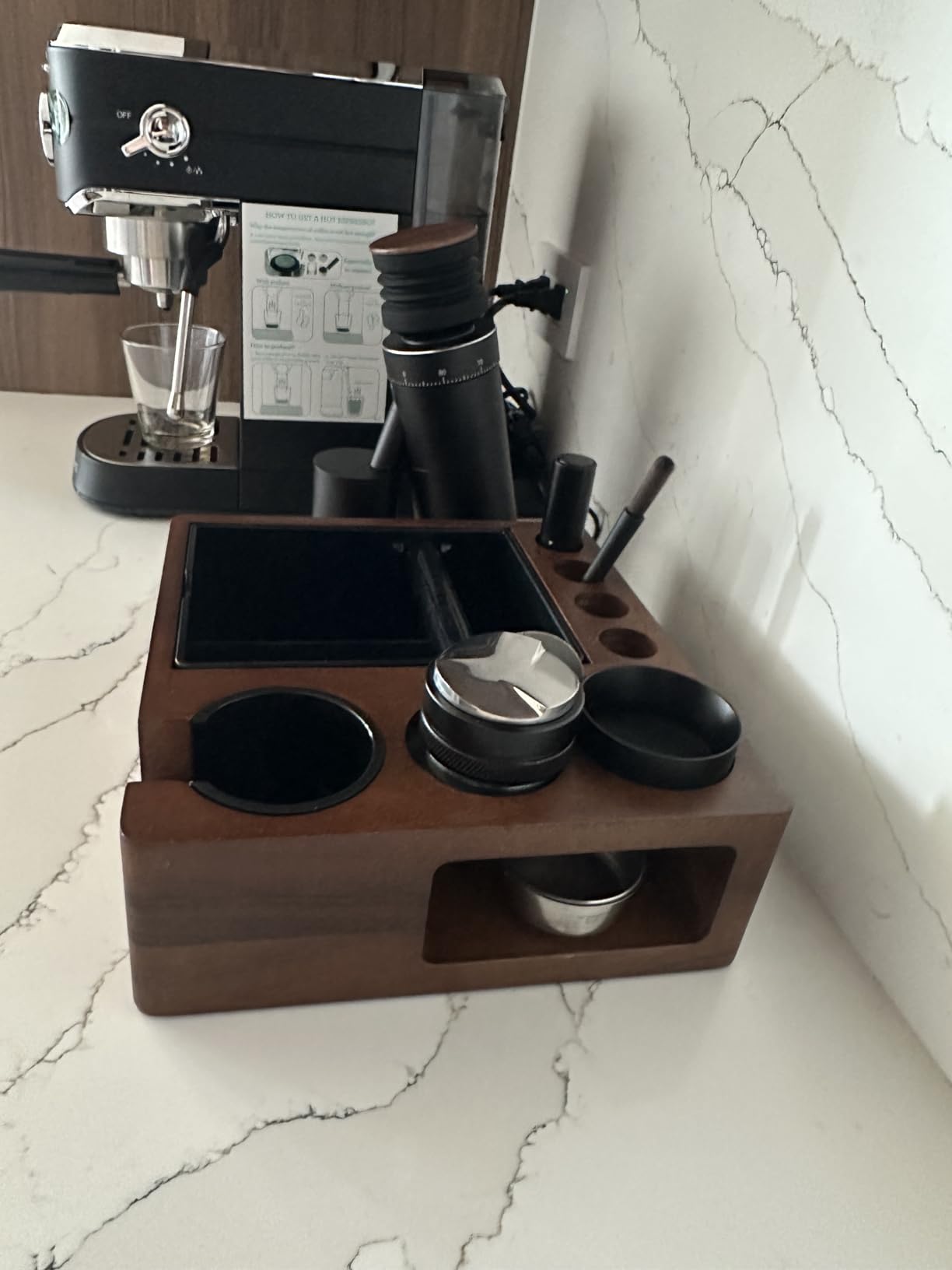 Espresso tamping station and knock box, Wooden portafilter holder, Espresso organizer station box, Tamping station fit for storage 51/54/58mm coffee accessories, Multifunctional tamper station customer photo 2